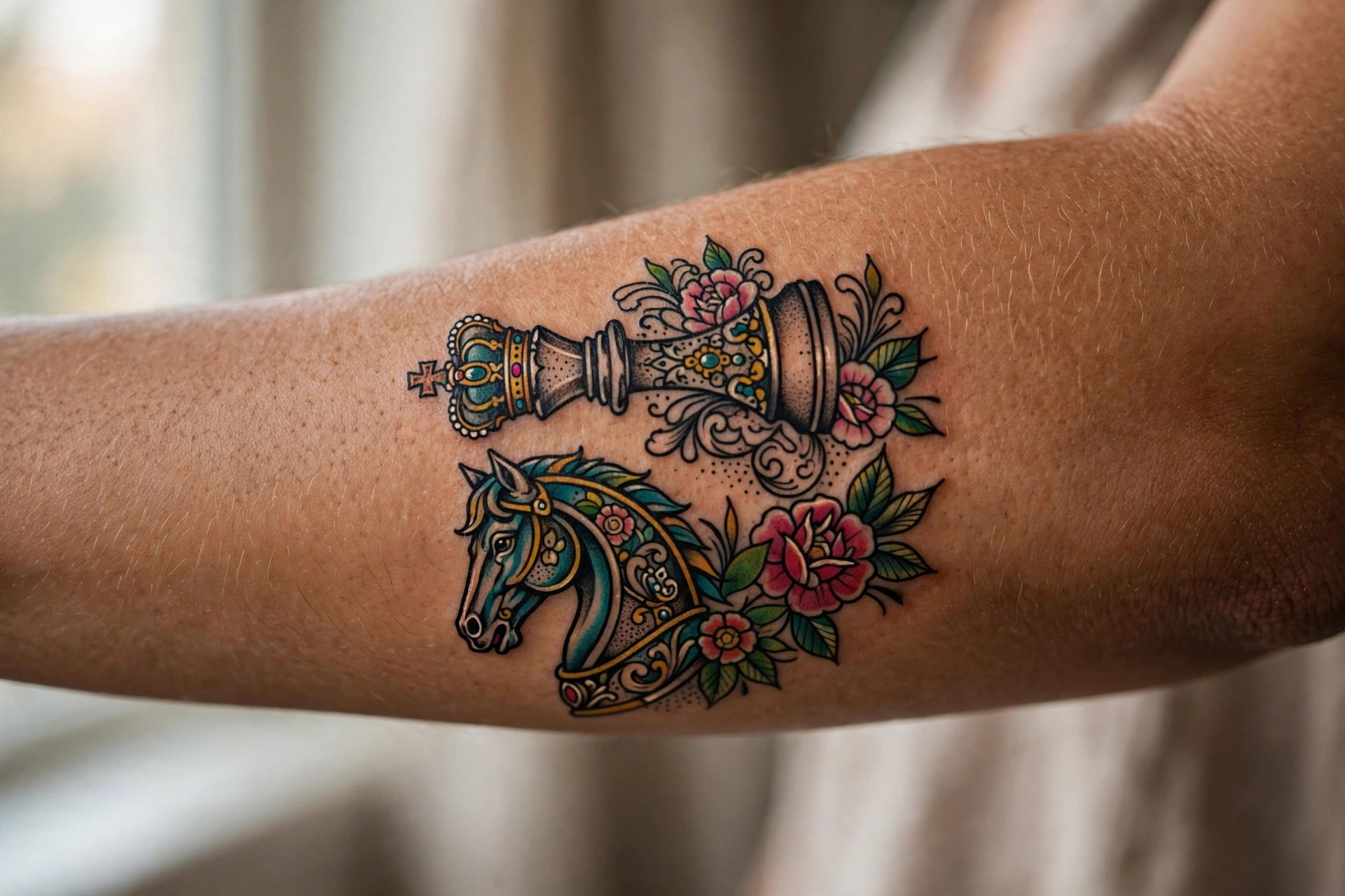 Queen and knight chess piece tattoos for mother and son
