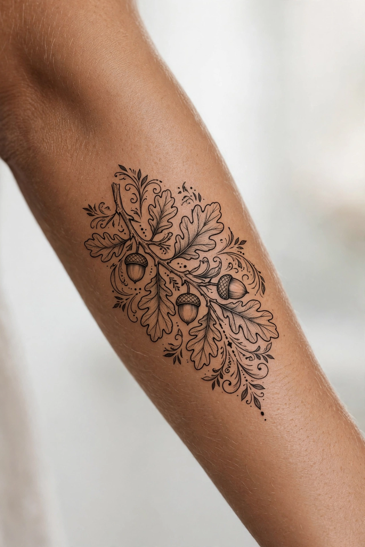 Oak tree and acorn tattoo symbolizing mighty son from small beginnings