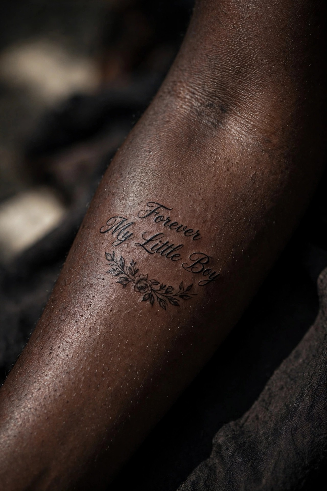 Forever my little boy script tattoo in elegant lettering