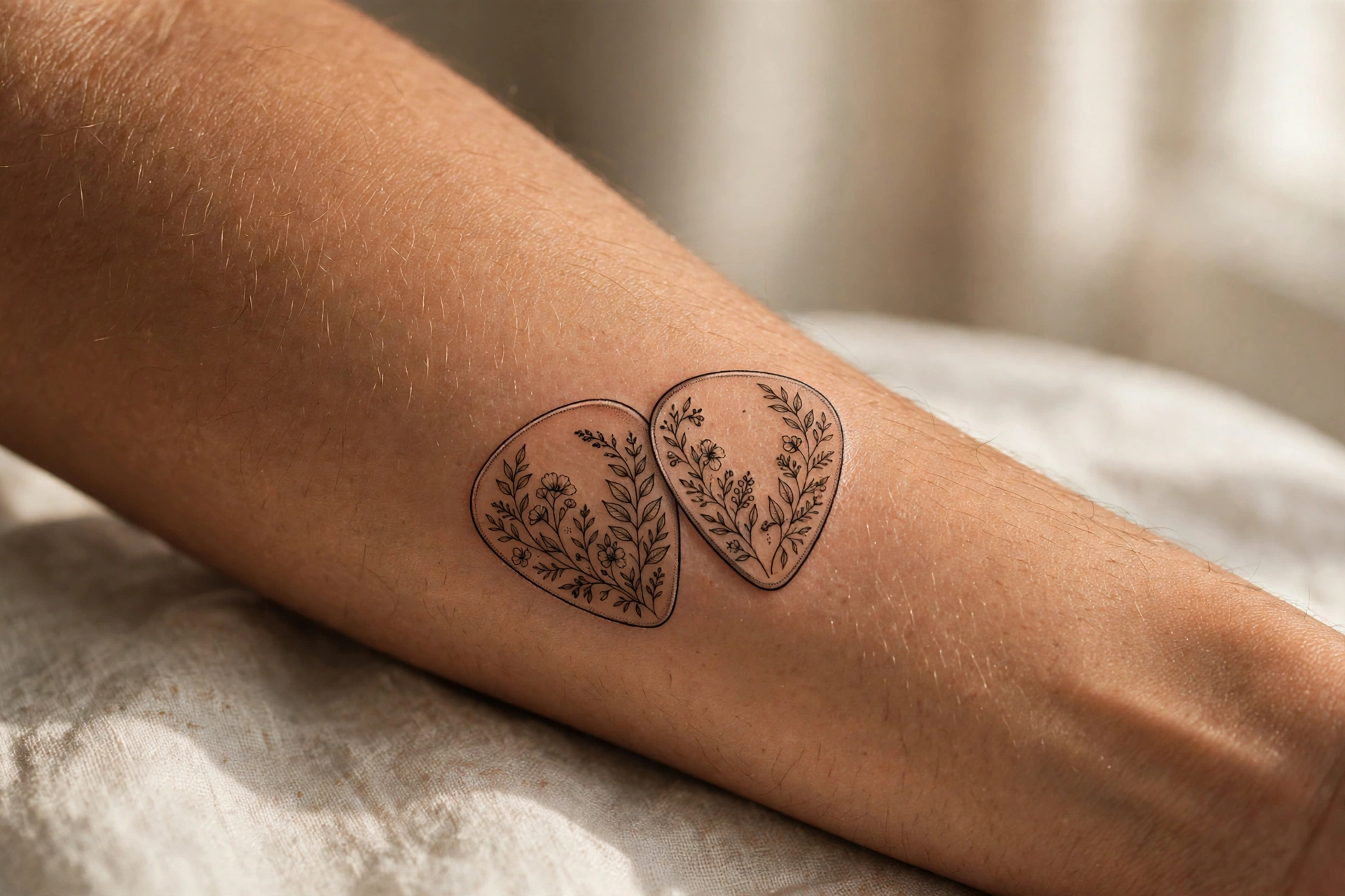 Matching guitar pick tattoos for music-loving mother and son