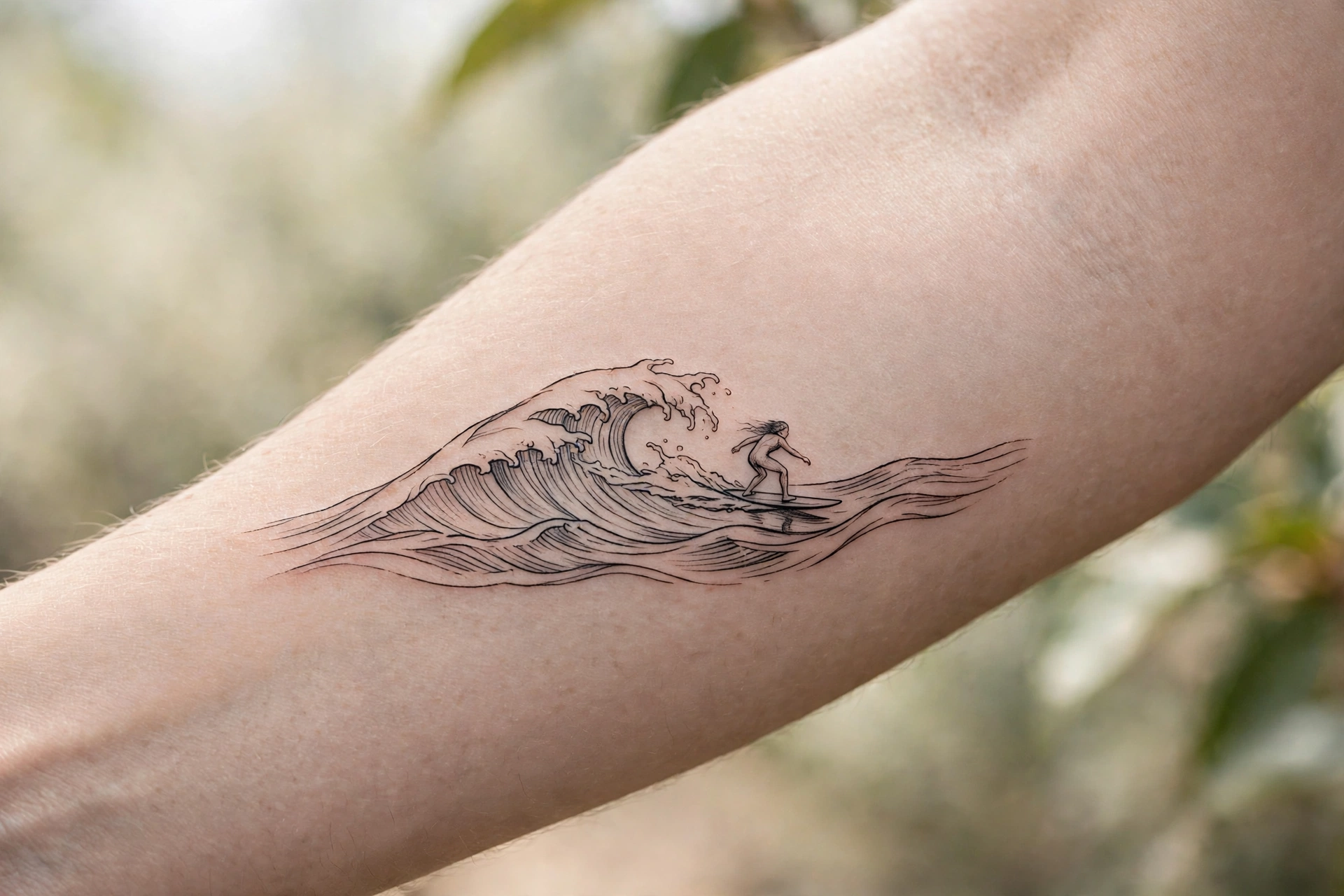 Ocean wave and surfer tattoo for adventurous mother and son