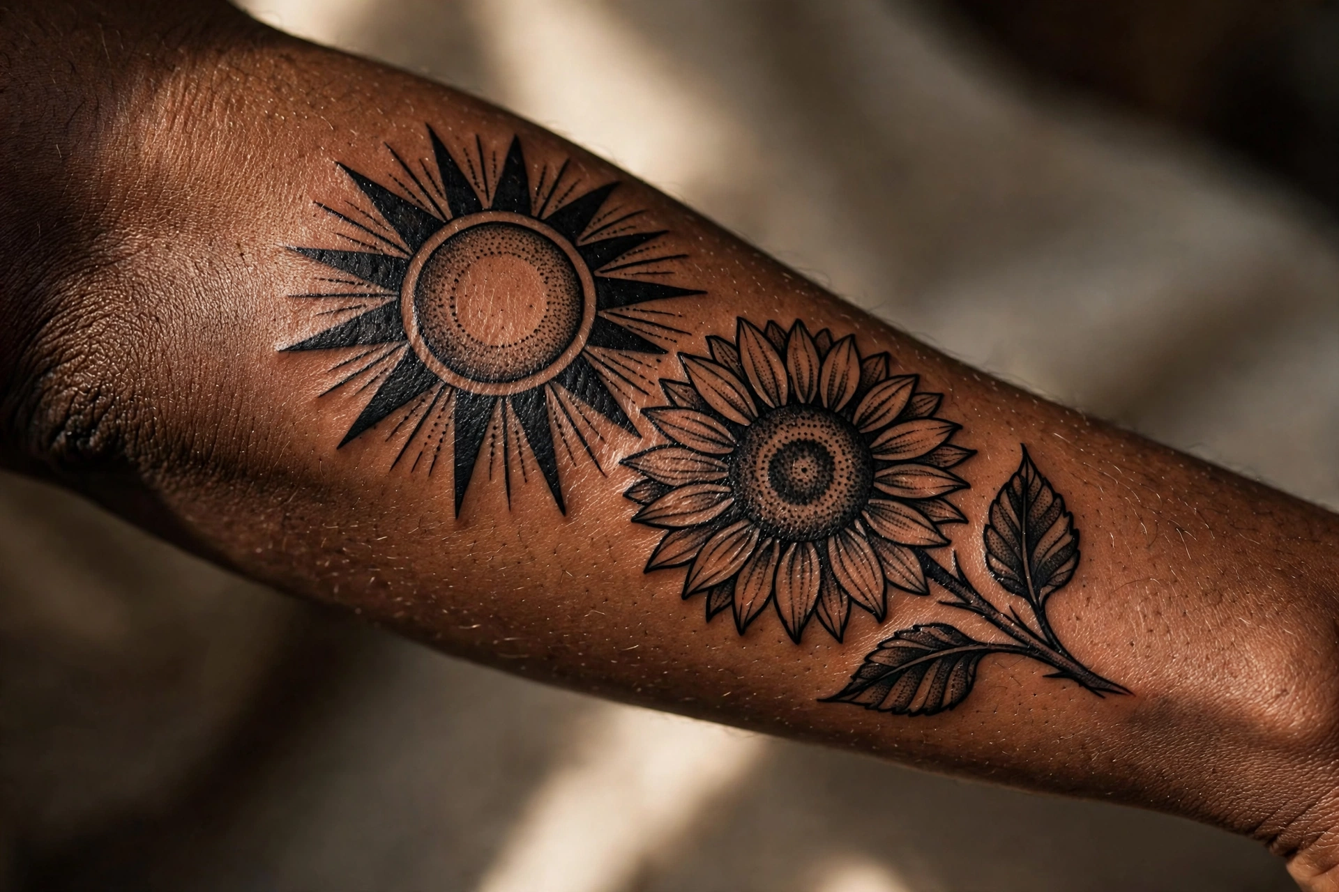 Sun and sunflower tattoo for mother son adoration bond