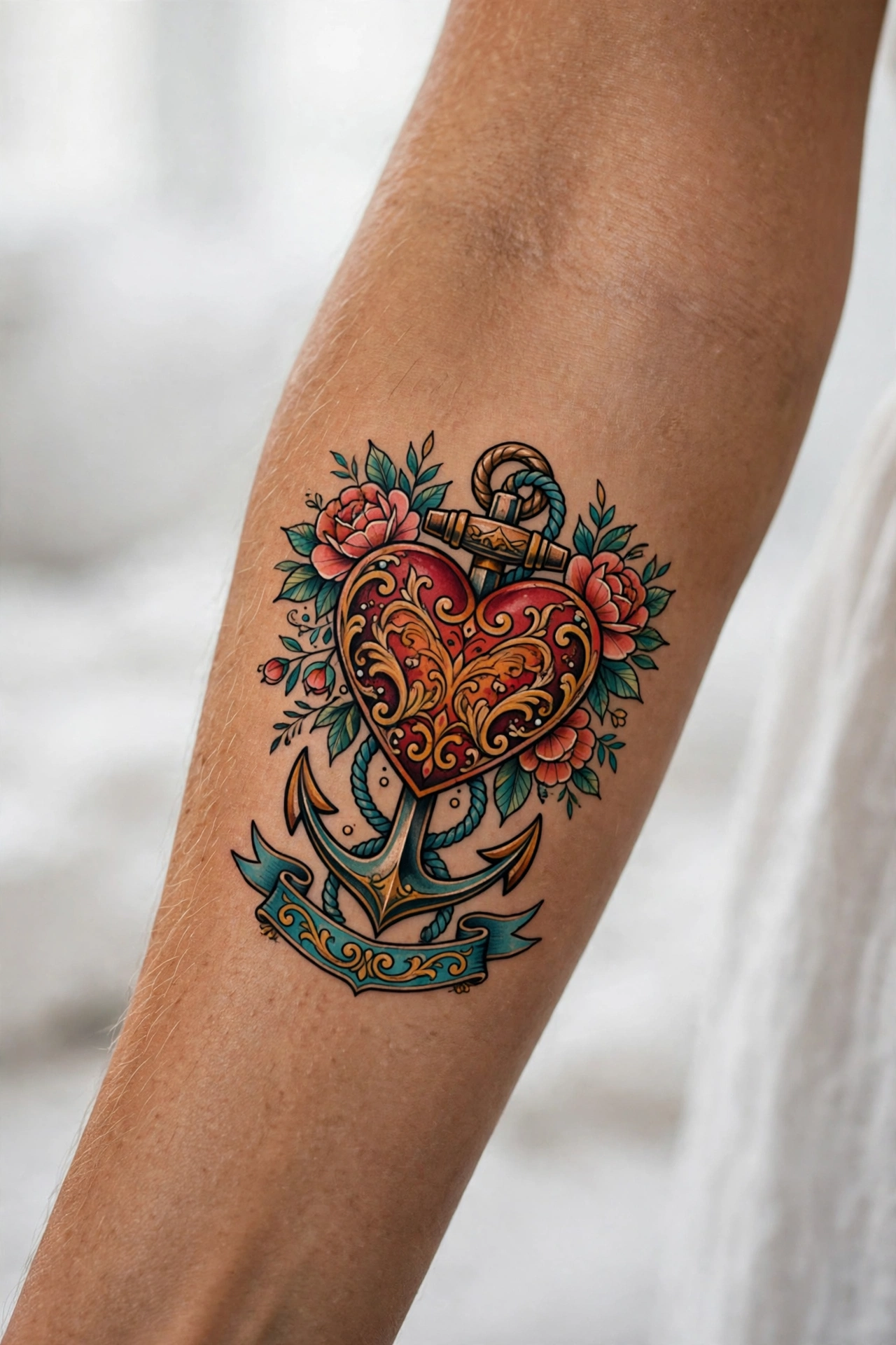 Heart anchor tattoo combining love and stability for mother and son