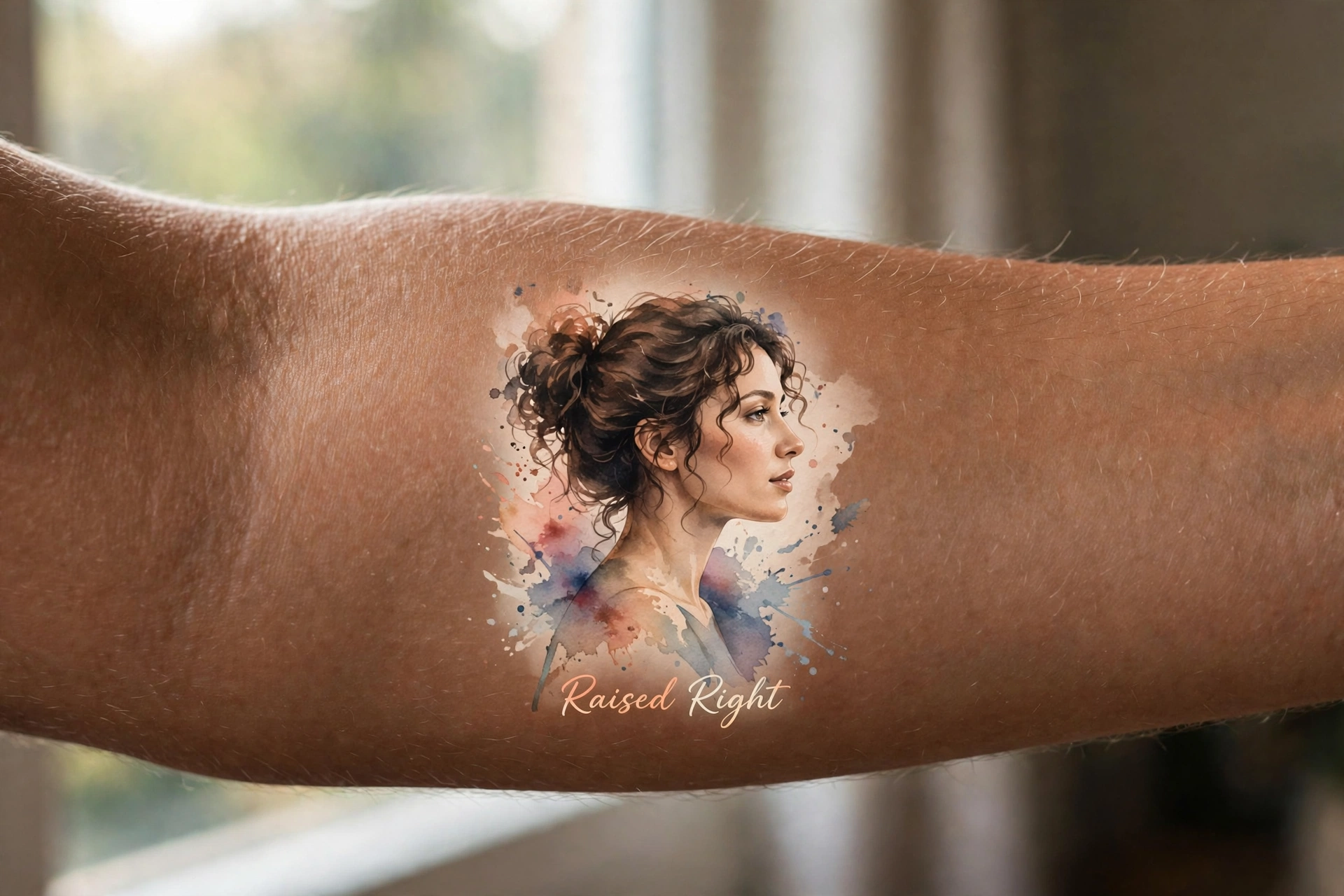Artistic portrait-style tattoo honoring mother for son
