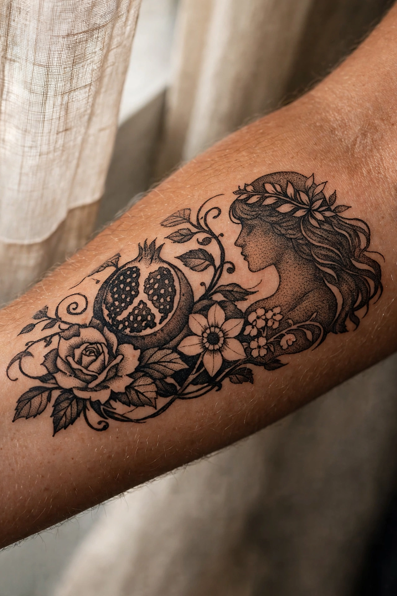 Persephone pomegranate Greek mythology tattoo fine line