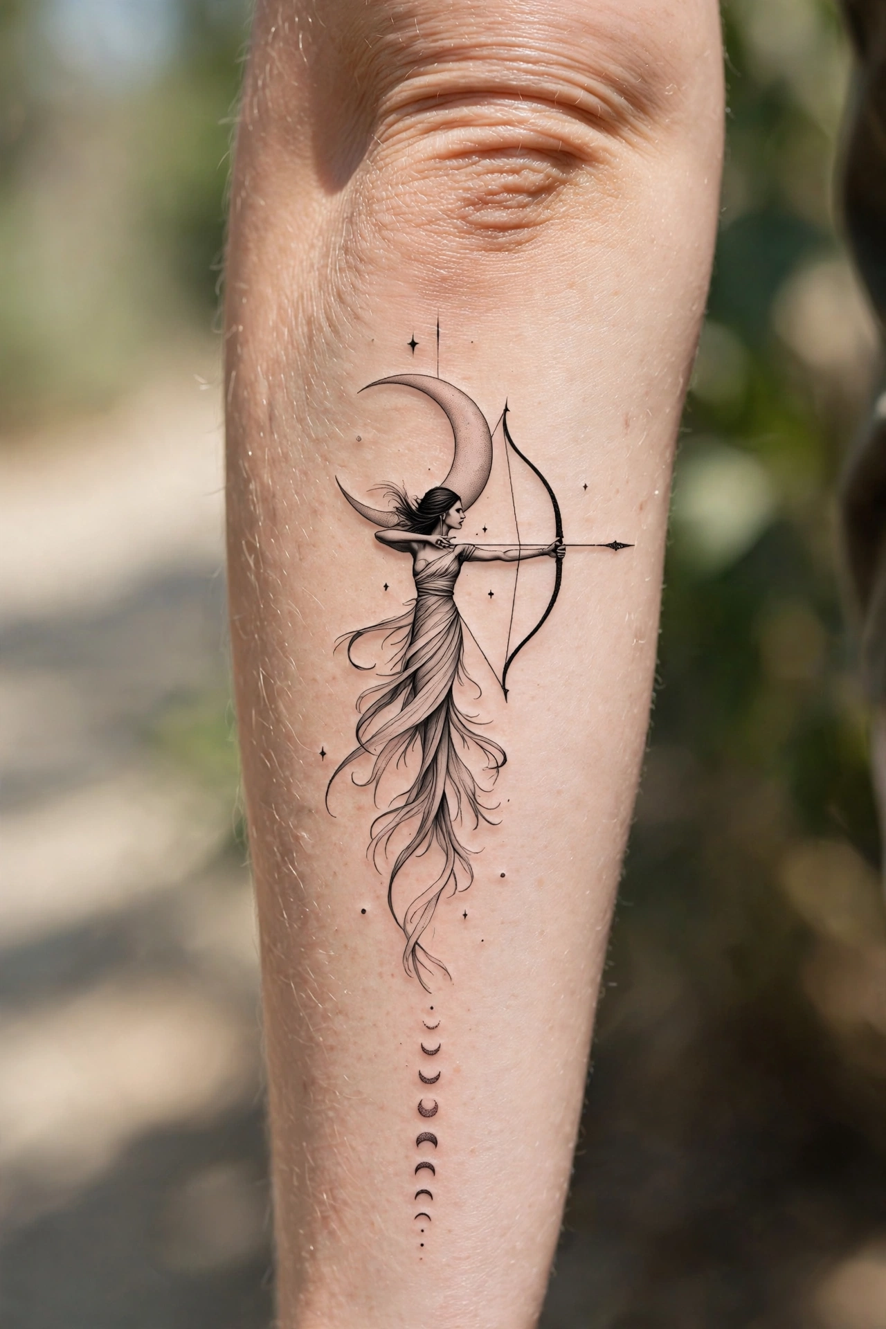 Artemis bow and crescent moon Greek mythology tattoo