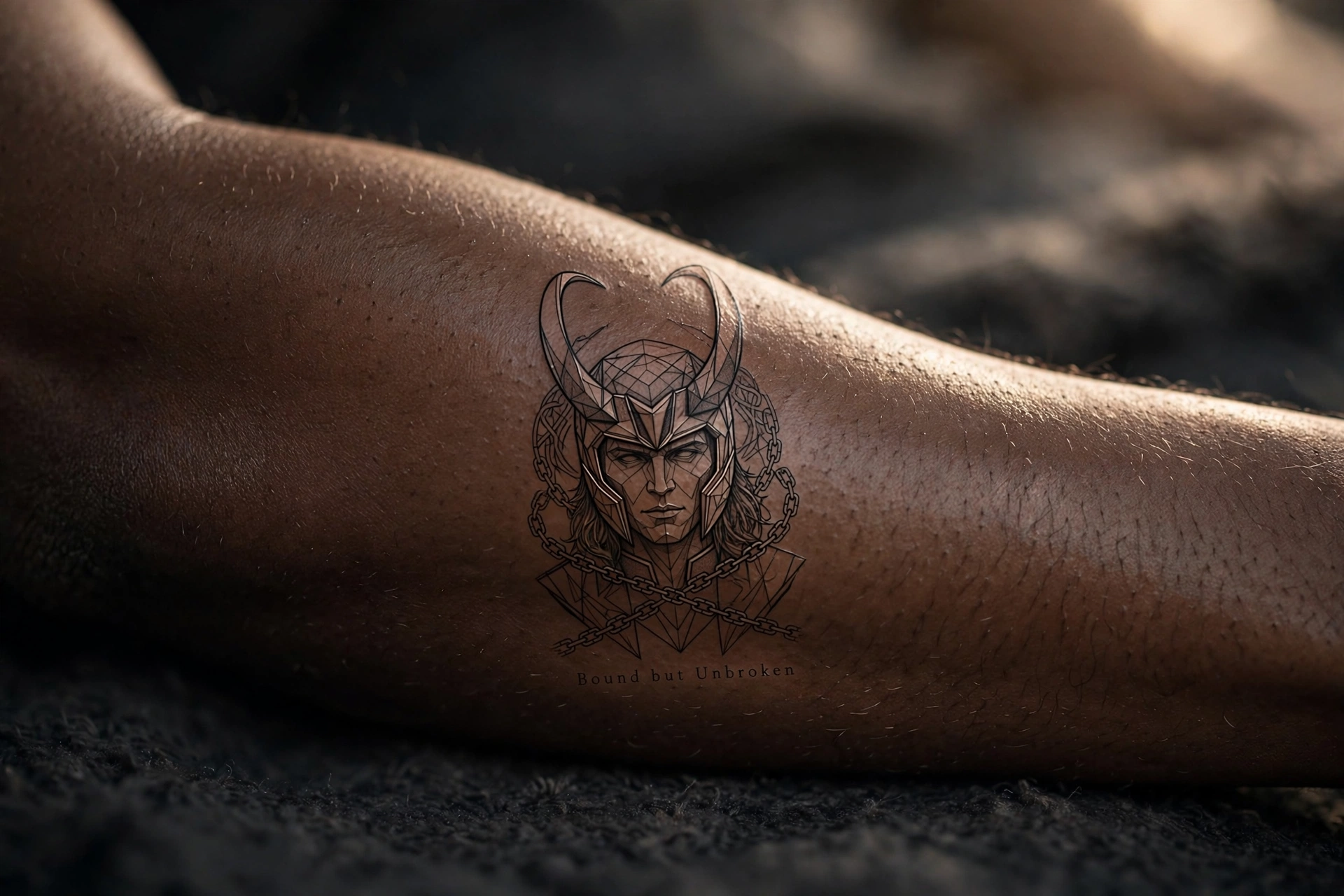 Loki bound in chains Norse mythology tattoo design
