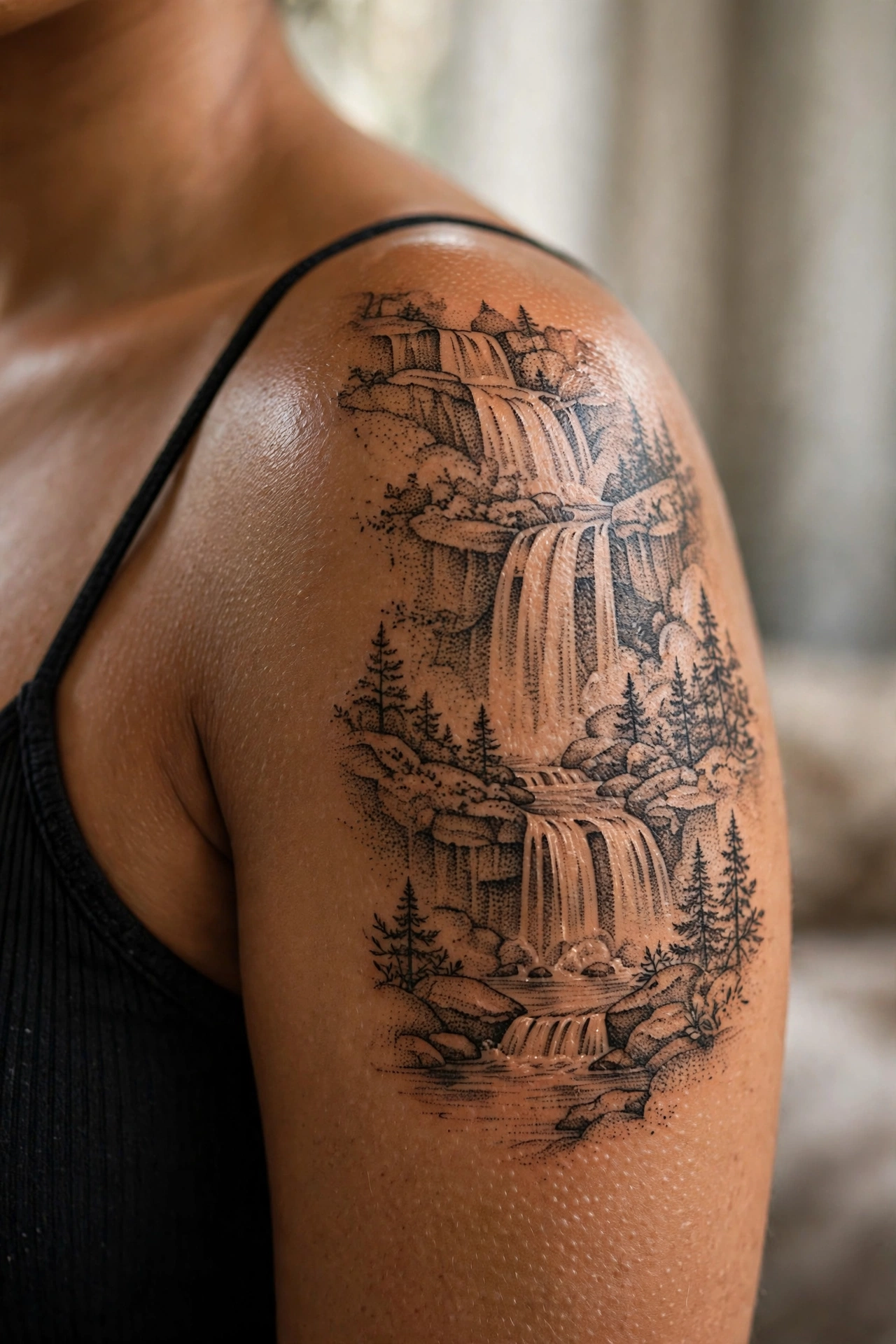 Powerful waterfall cascading down rocks tattoo
