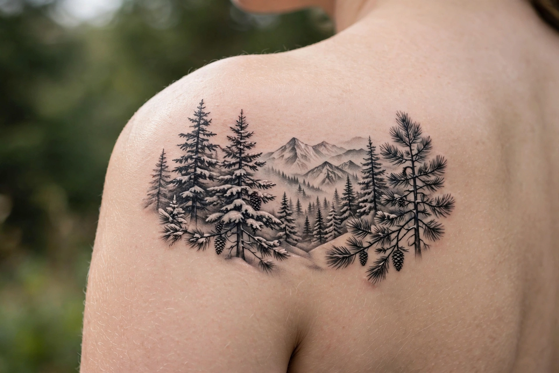 Snow-laden pine forest tattoo in black and grey