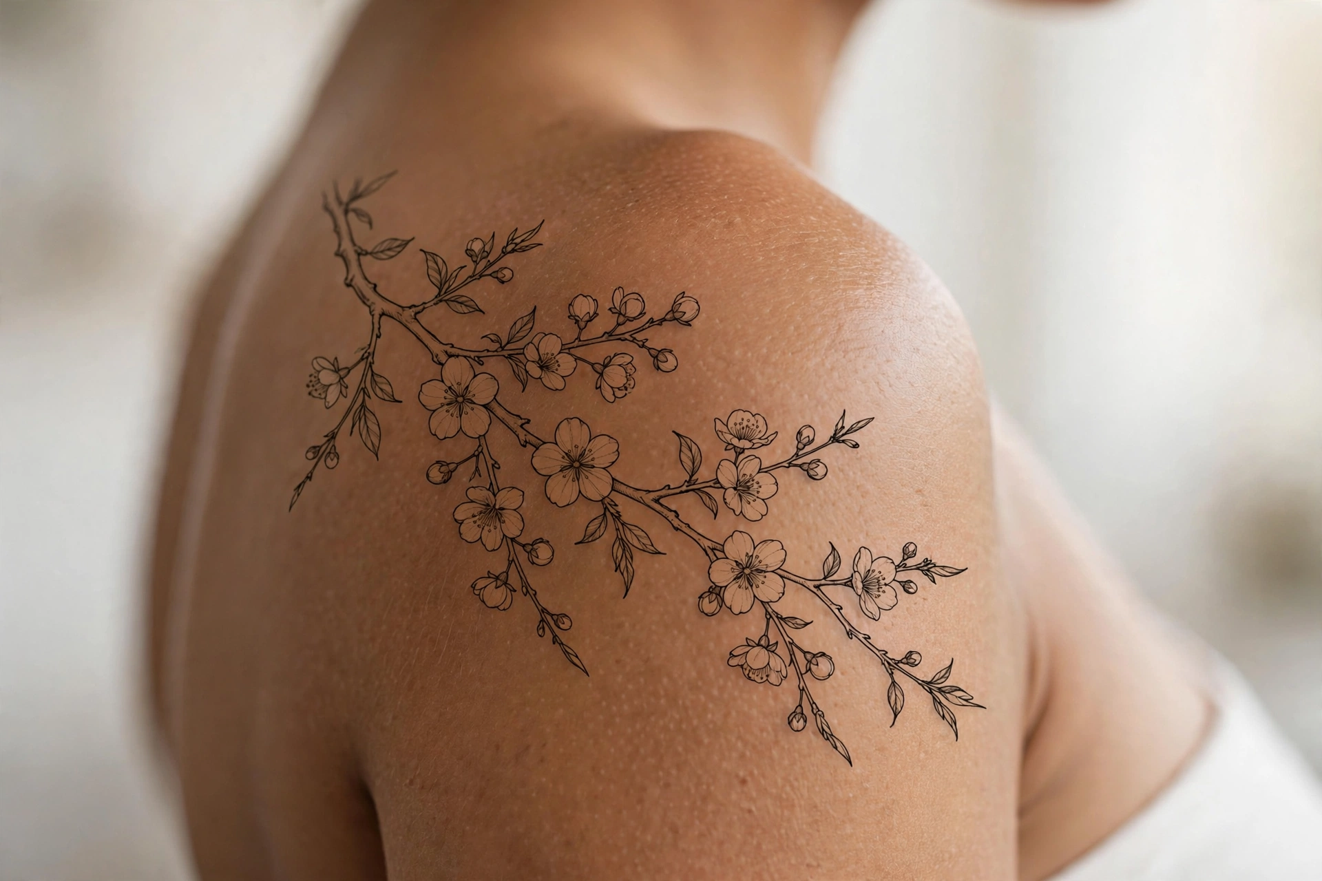 Orchard in spring blossom tattoo in soft pinks