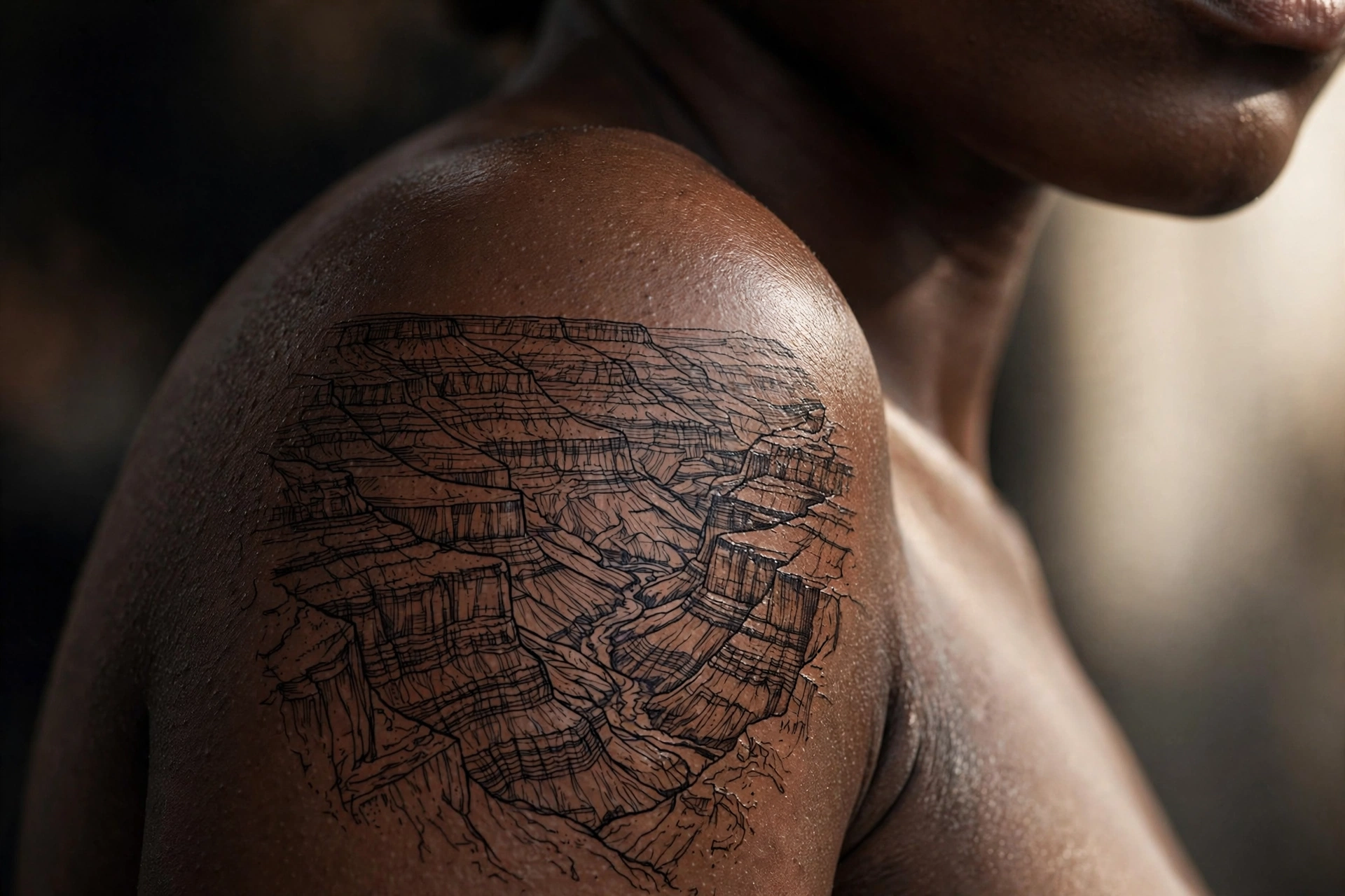 Layered canyon rock formations tattoo in earthy tones