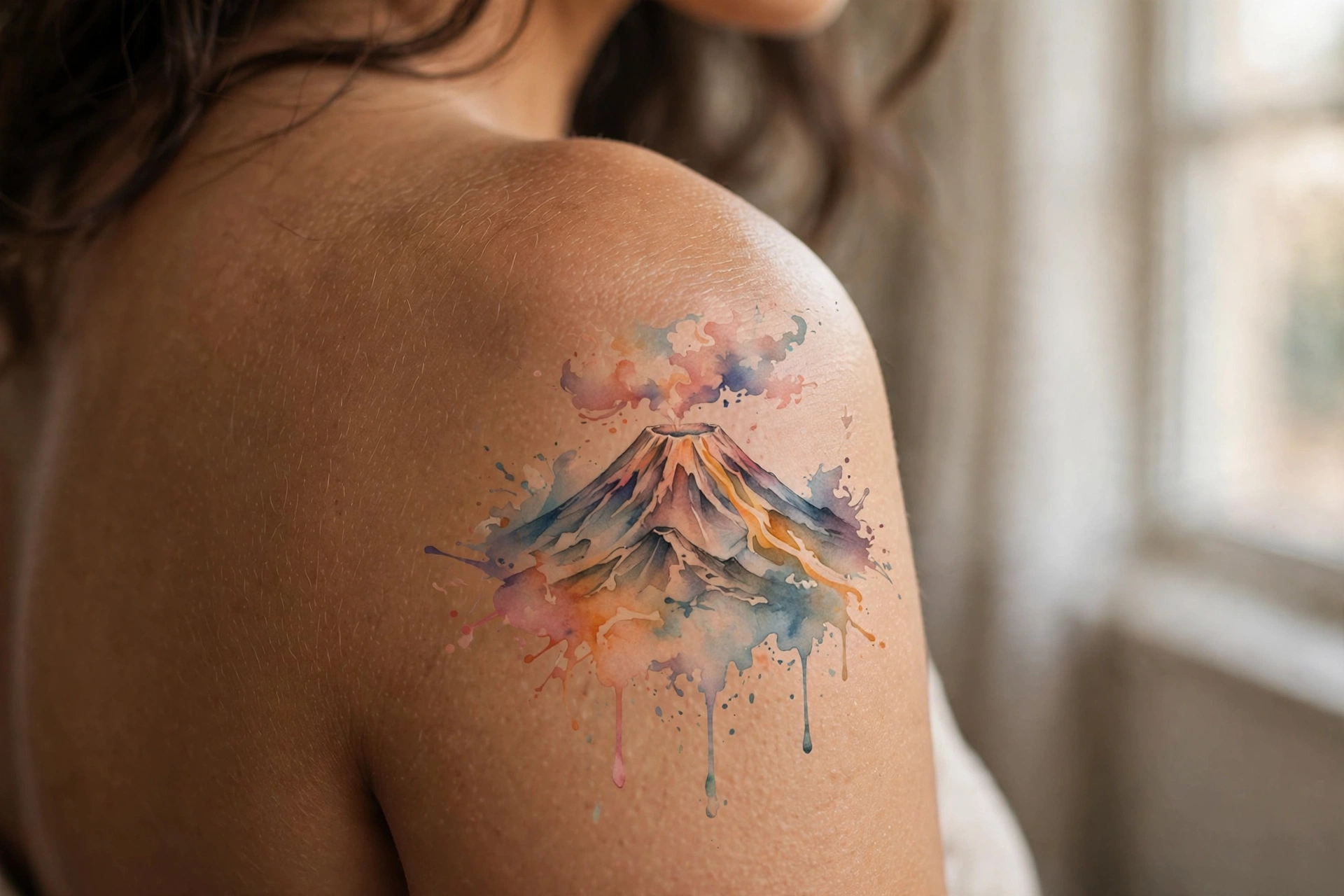 Erupting volcano with lava flow tattoo