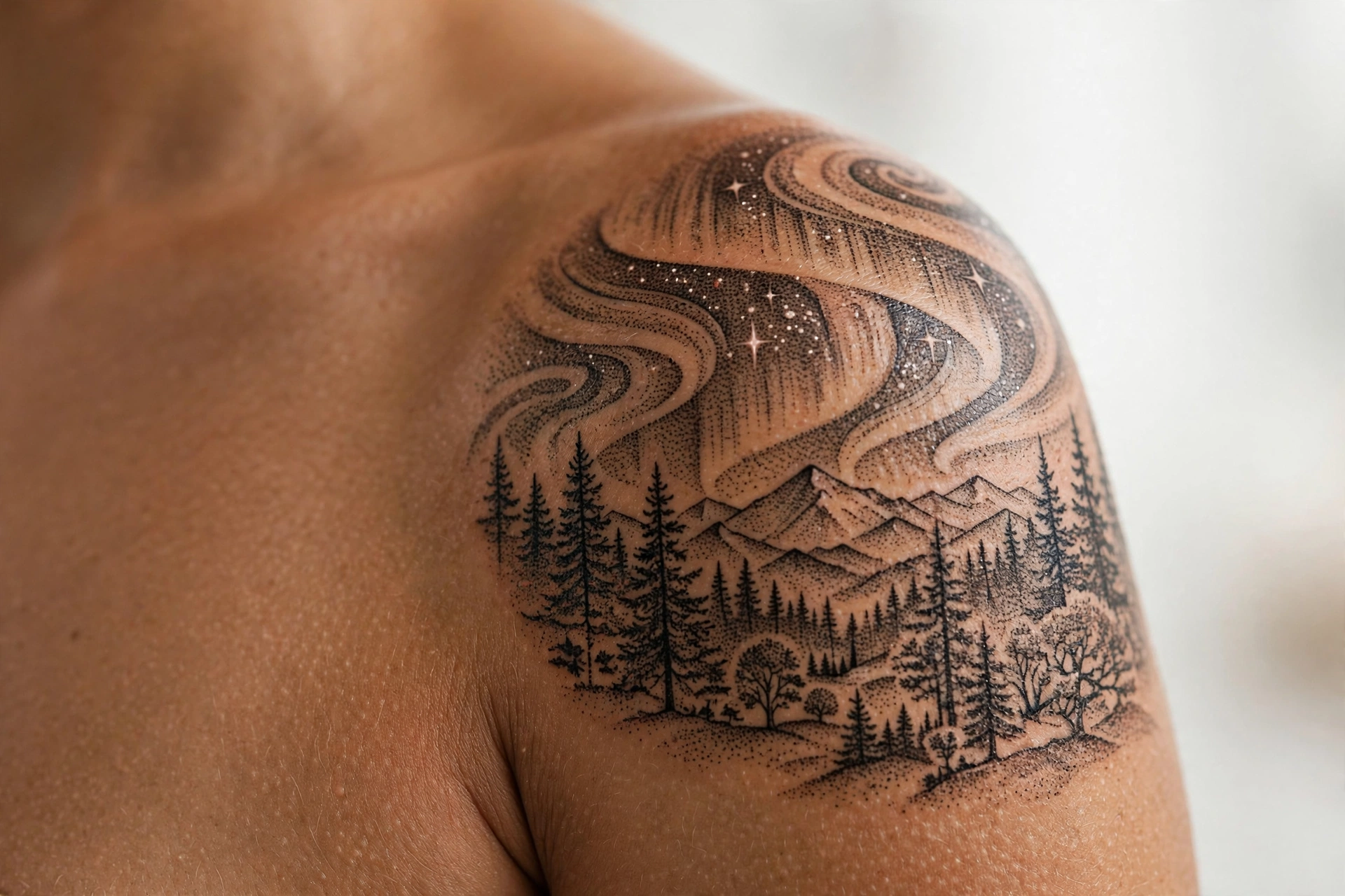 Aurora over a pine forest silhouette tattoo
