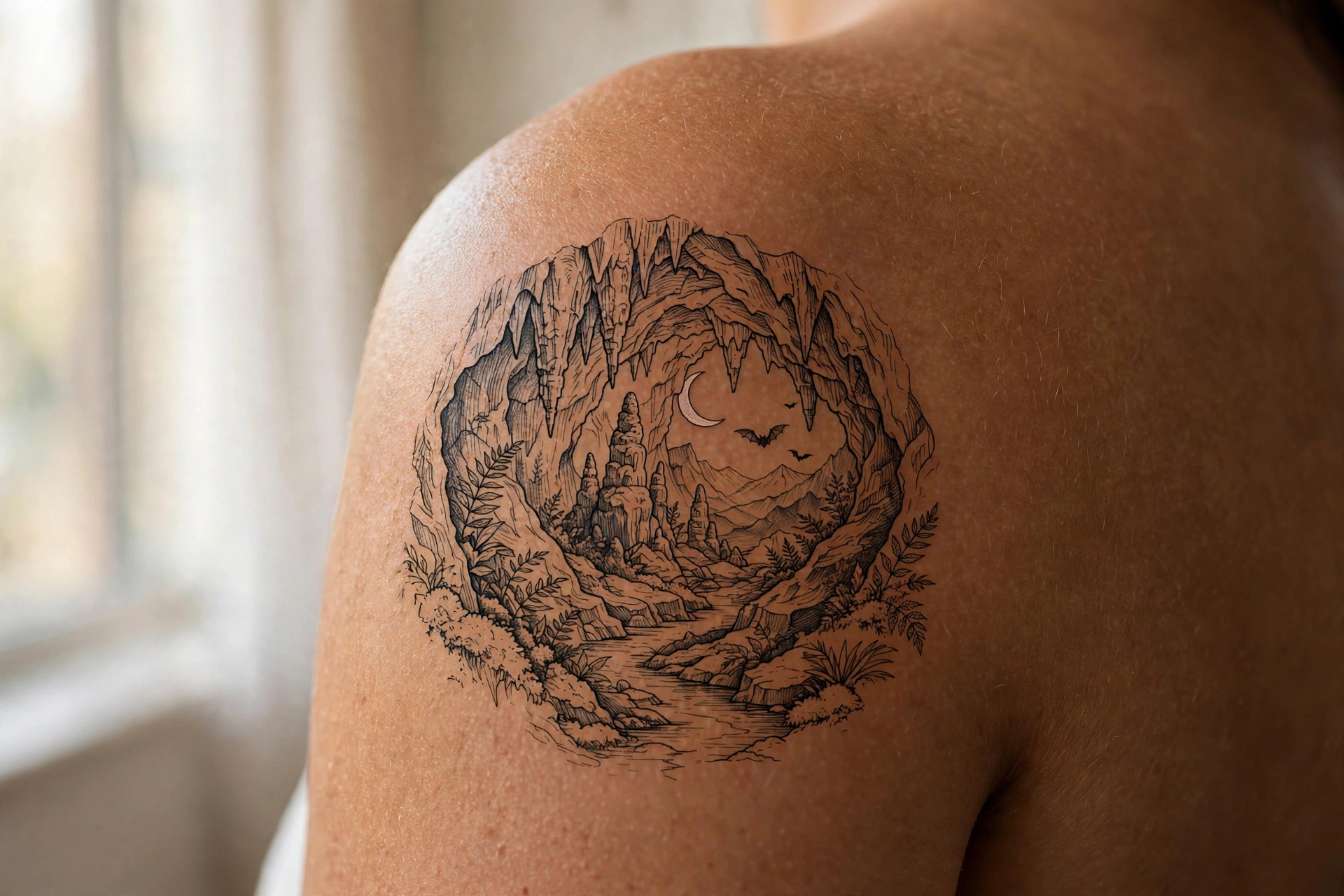 Mysterious cave with stalactites tattoo