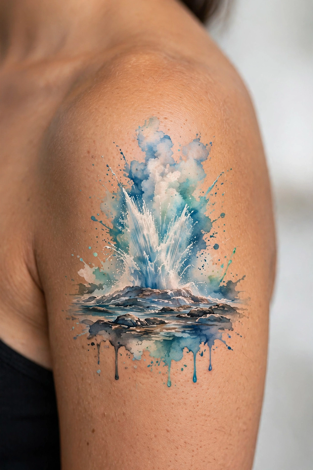 Geyser erupting with steam plume tattoo