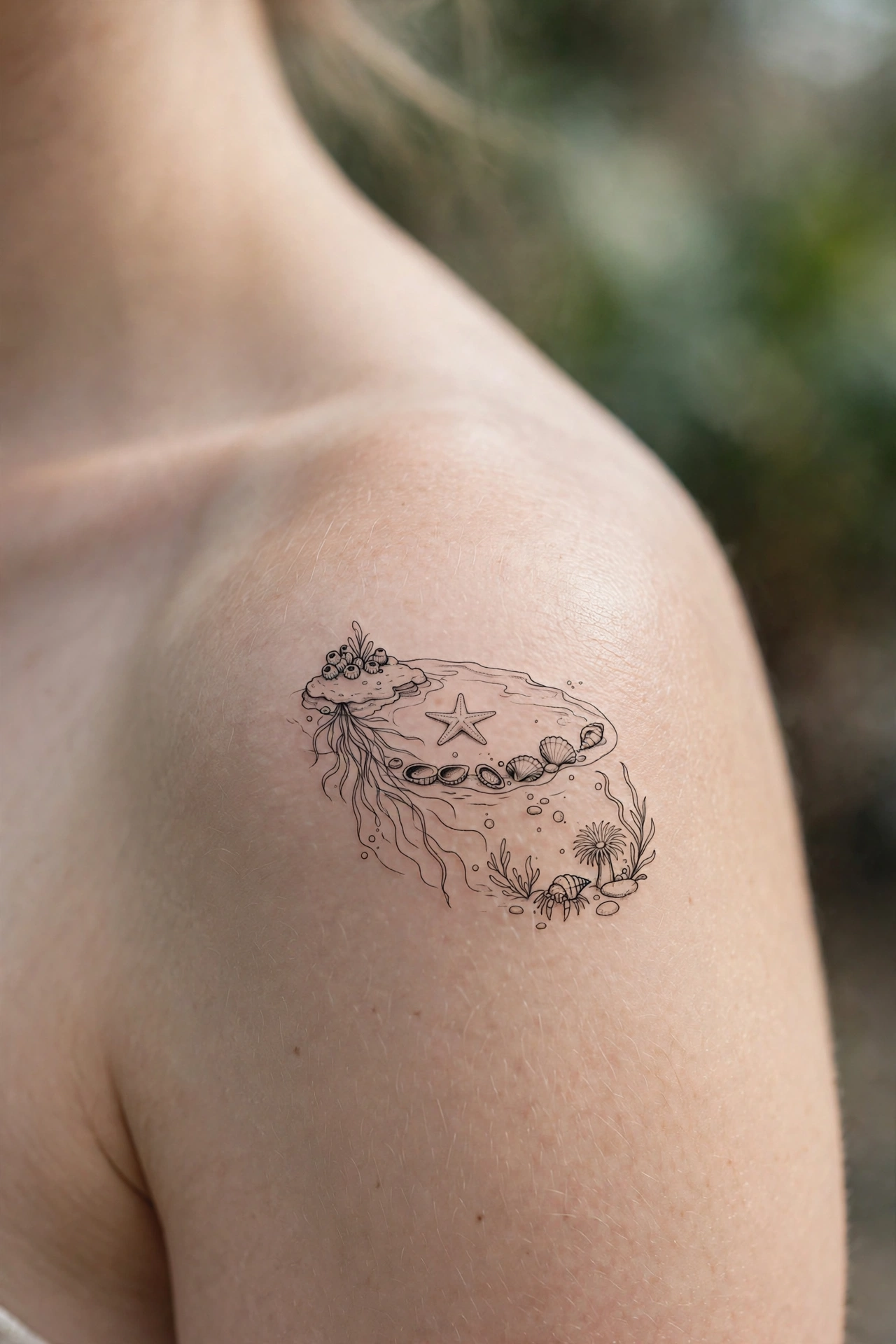 Miniature tide pool with tiny creatures tattoo