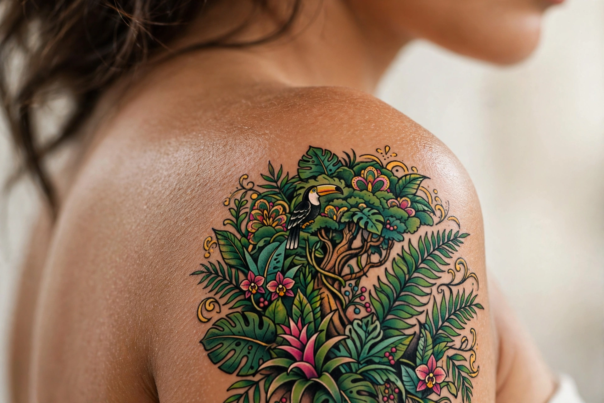 Lush rainforest canopy viewed from below tattoo