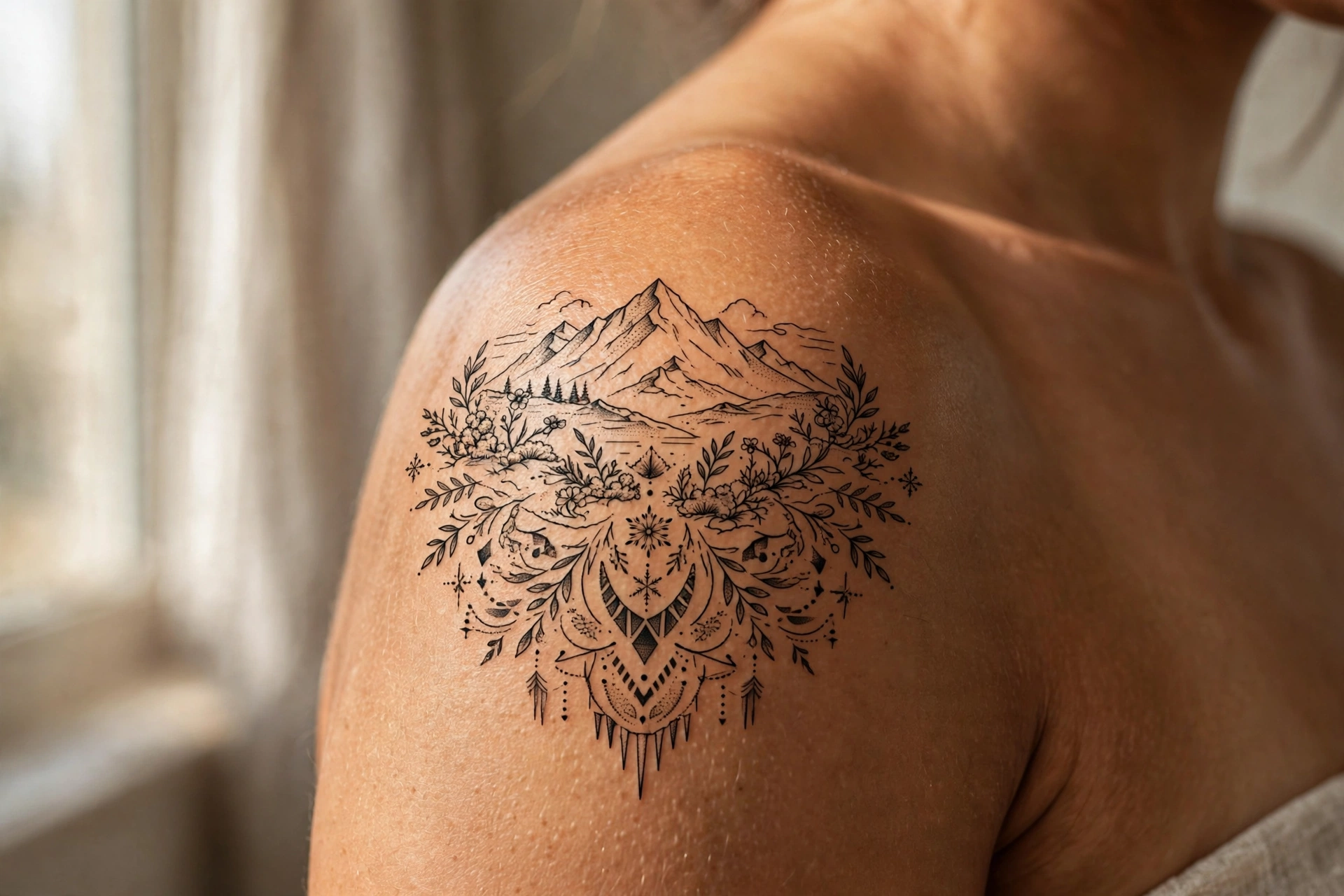 Arctic tundra with low shrubs tattoo in muted tones