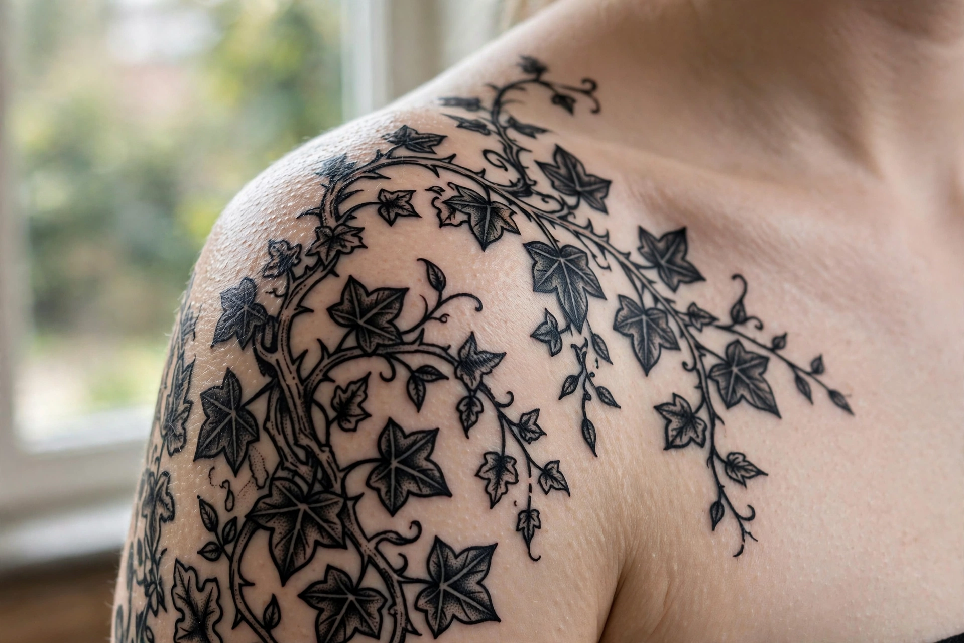 Ivy creeping over an old stone wall tattoo