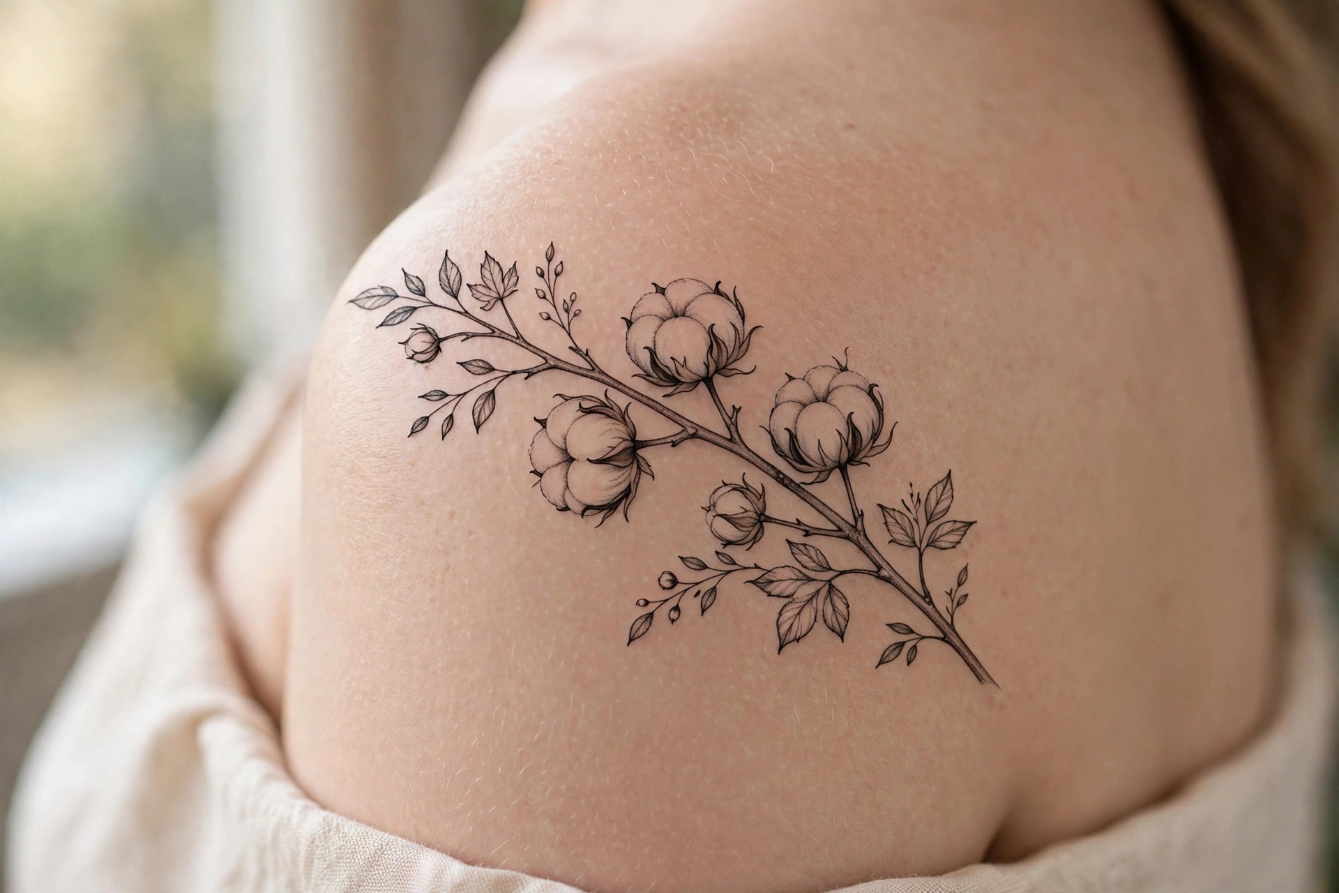 Soft cotton bolls on branches tattoo