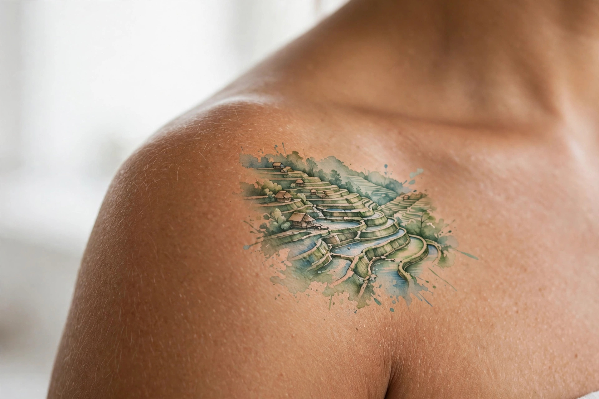 Layered rice terraces tattoo in lush greens