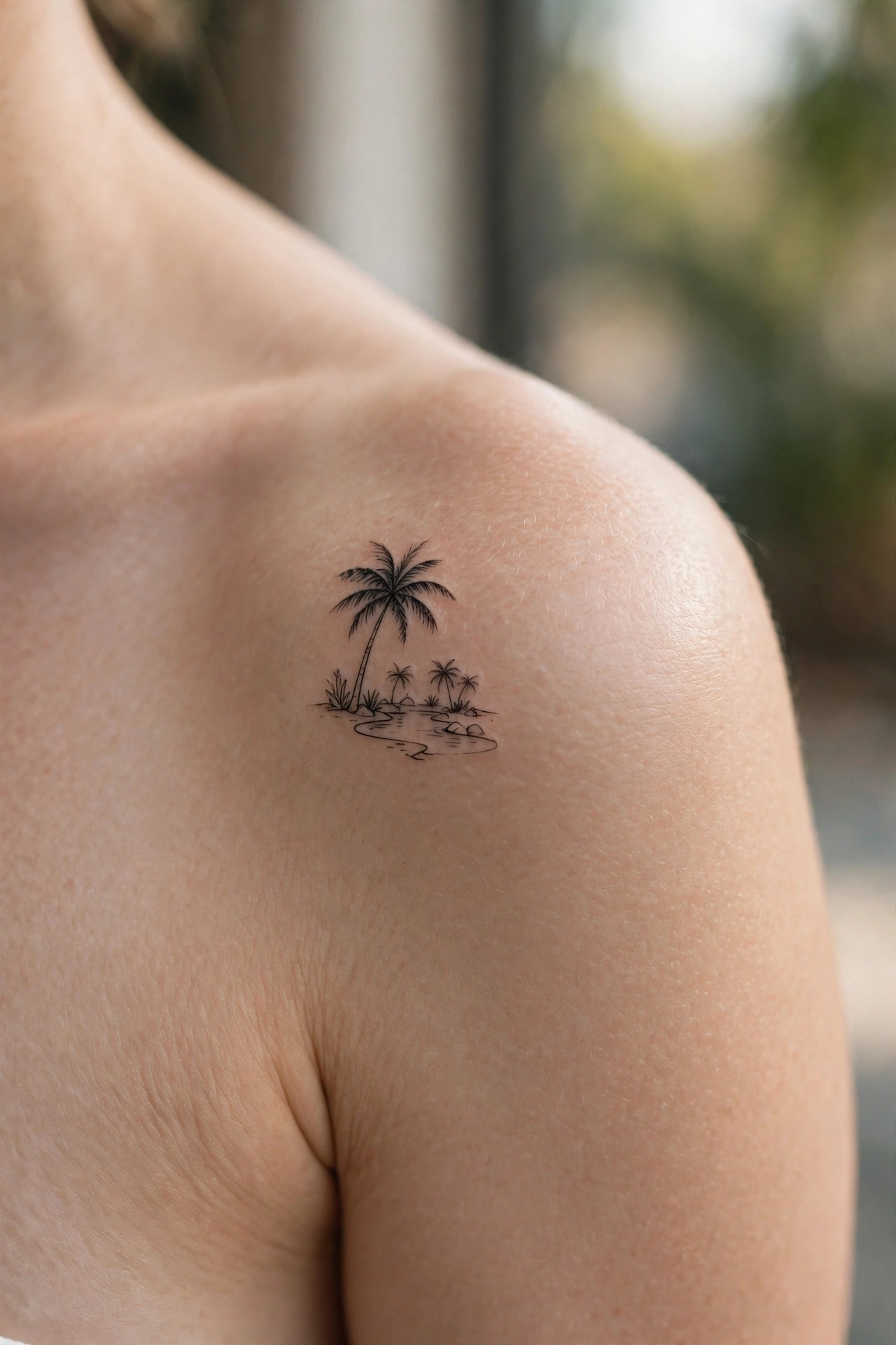 Palm trees around a desert spring tattoo