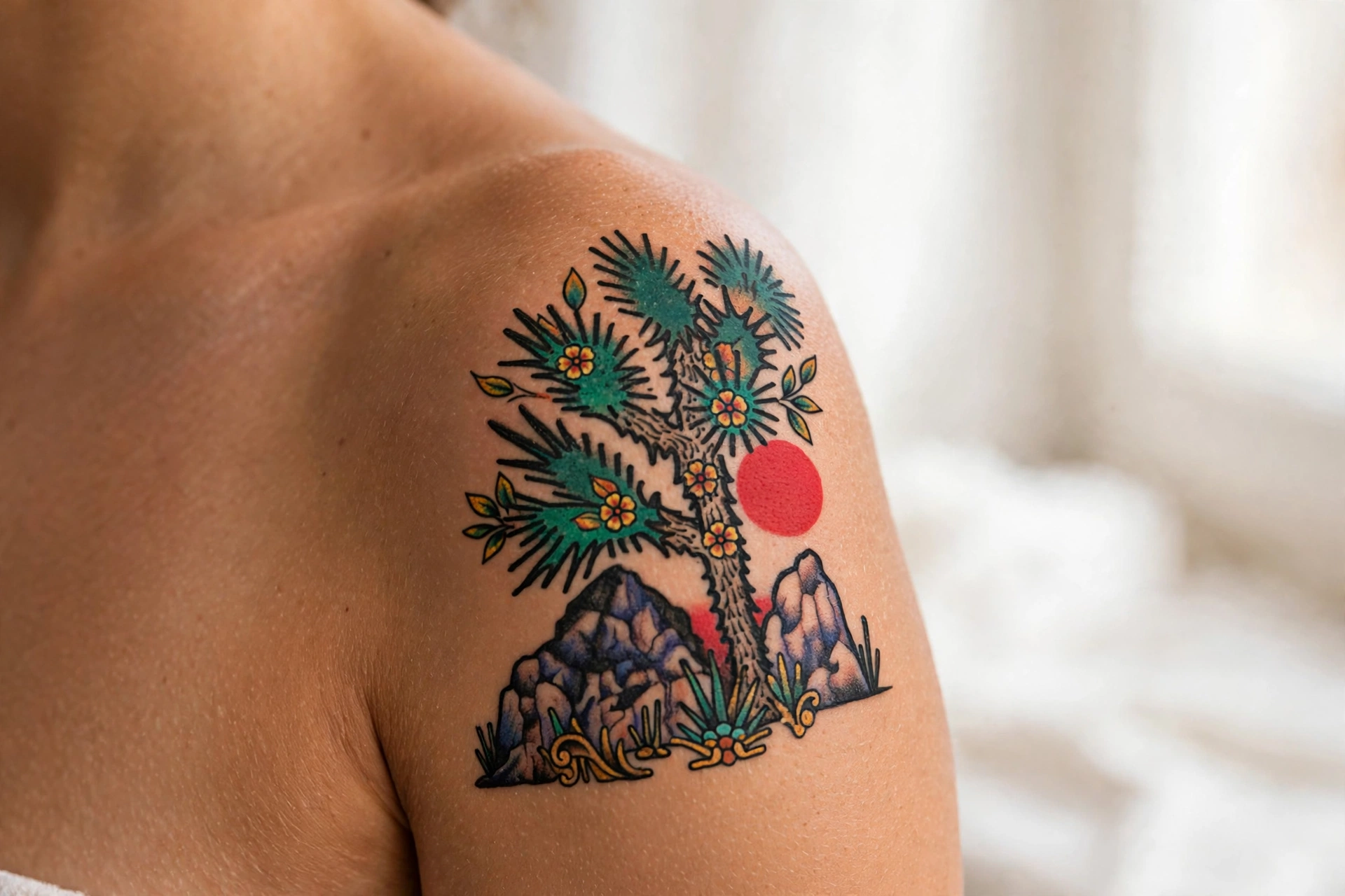 Twisted Joshua tree in desert tattoo