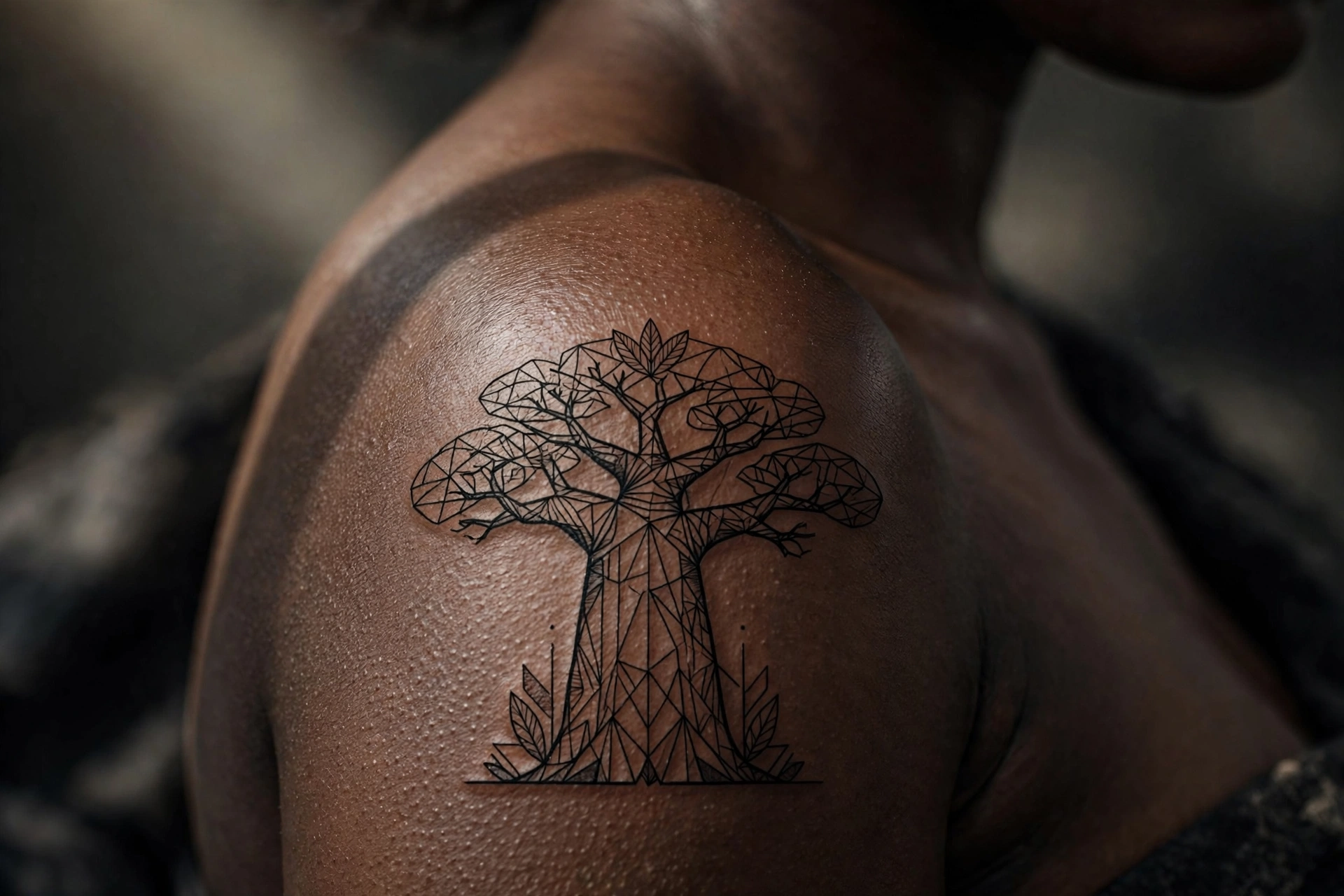 Massive baobab tree tattoo emphasizing swollen trunk