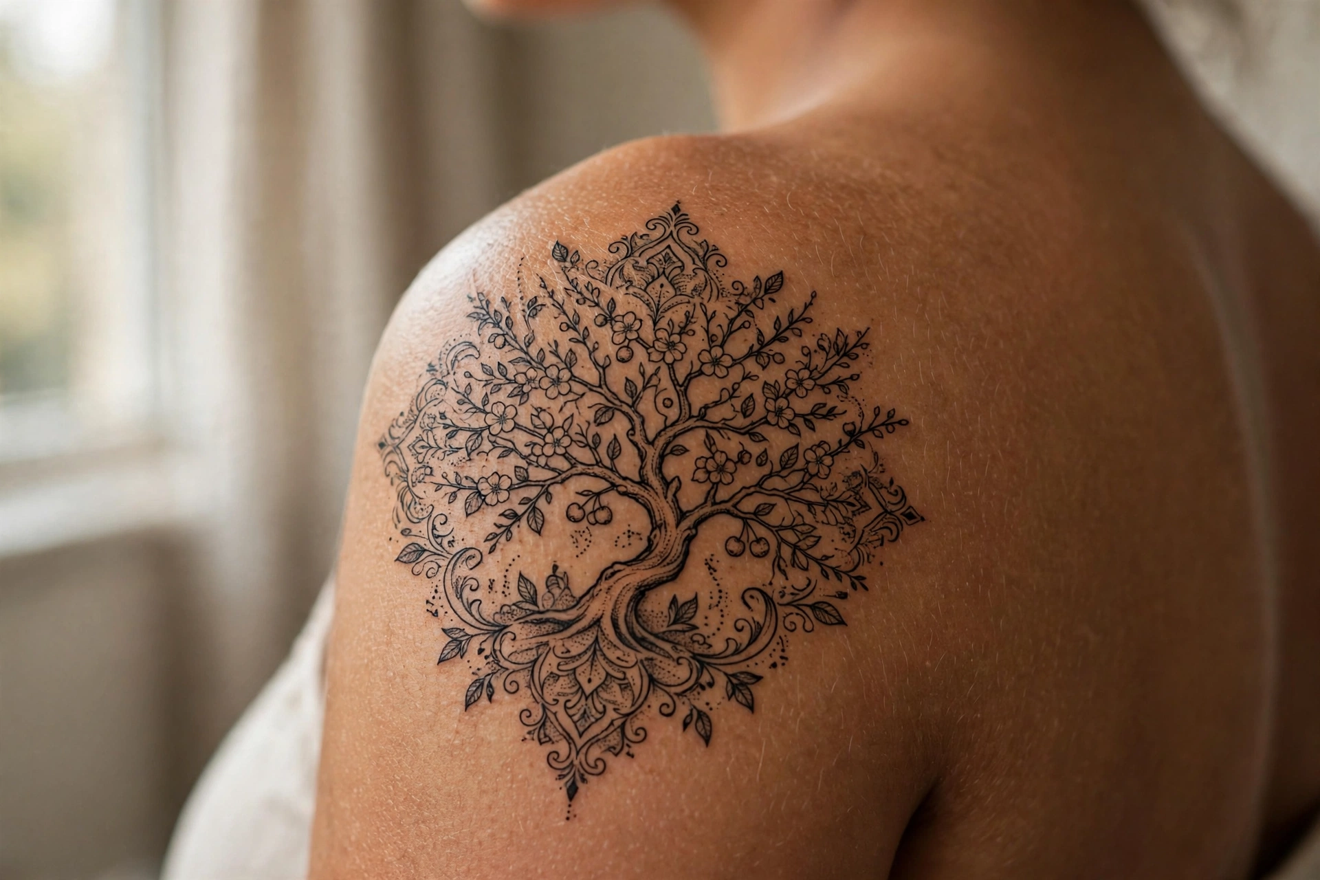 Full cherry tree in bloom tattoo
