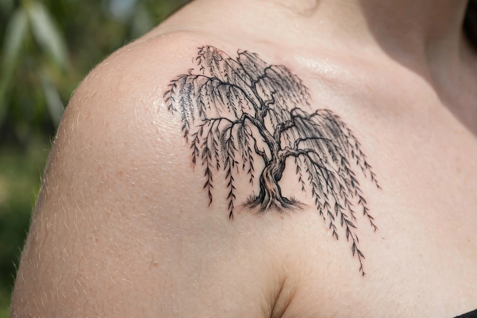 Weeping willow with trailing branches tattoo