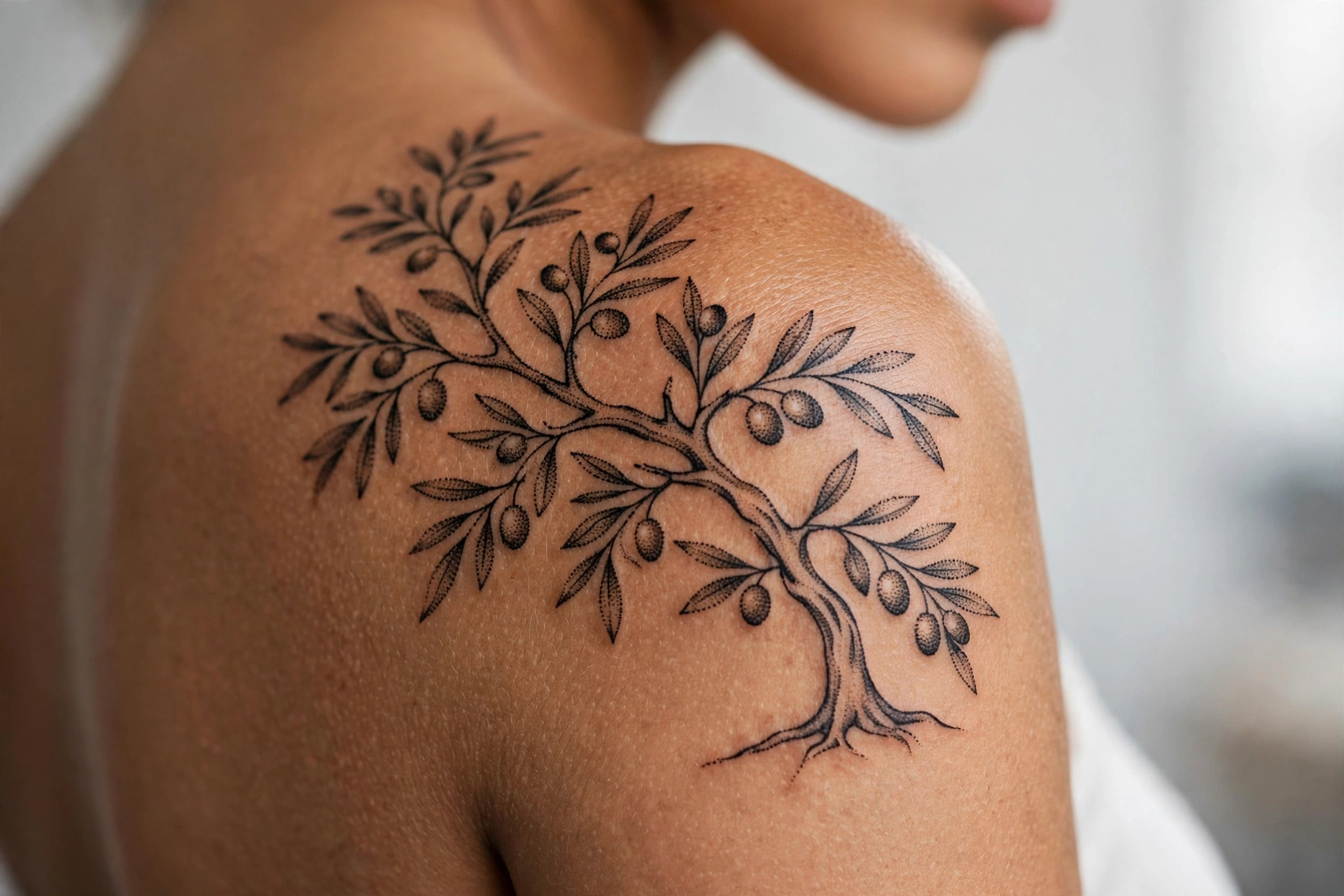 Ancient olive tree with silvery leaves tattoo