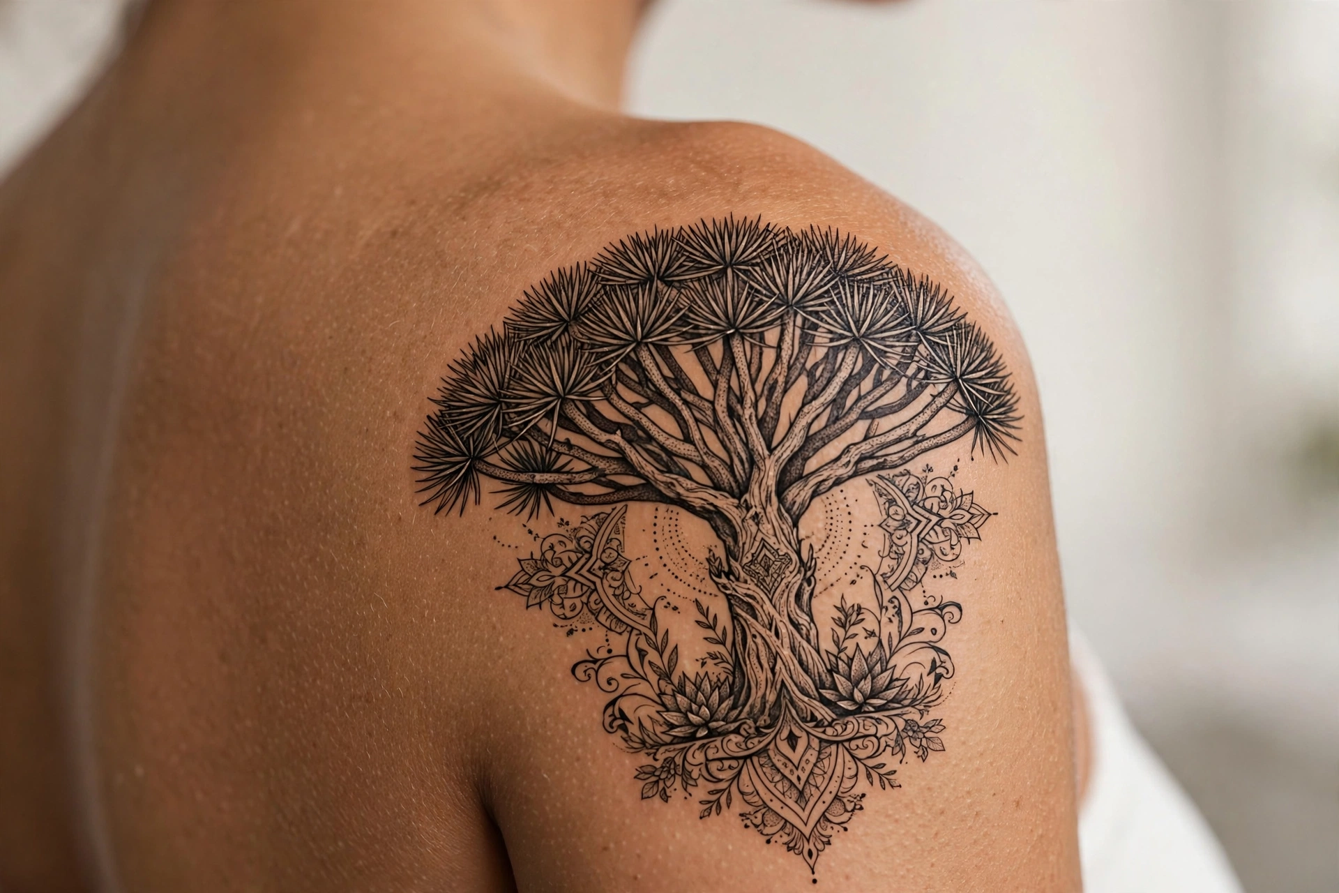 Dracaena dragon tree with umbrella canopy tattoo