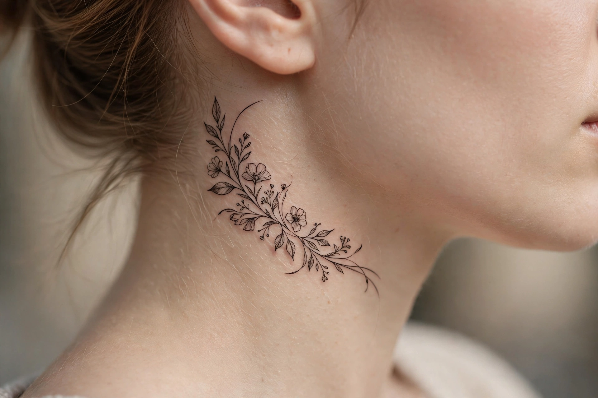 Moon phase tattoo curving across the back of a woman's neck