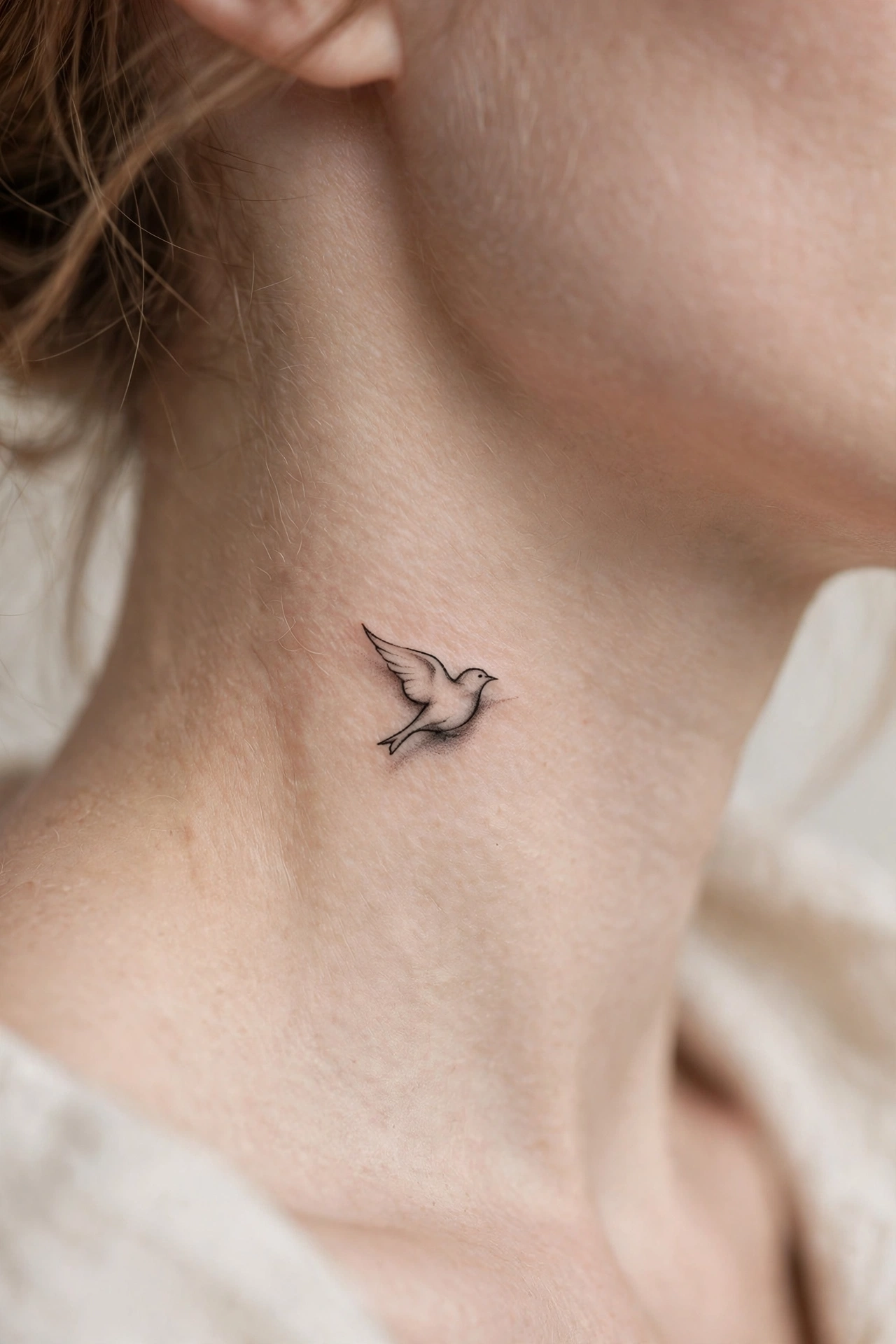 Geometric sun tattoo on the nape of a woman's neck