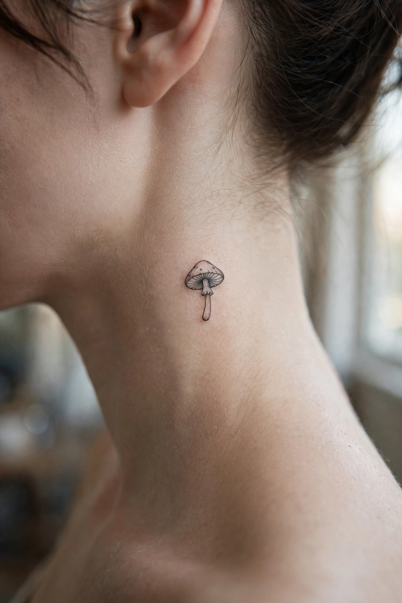 Crescent moon tattoo behind a woman's ear