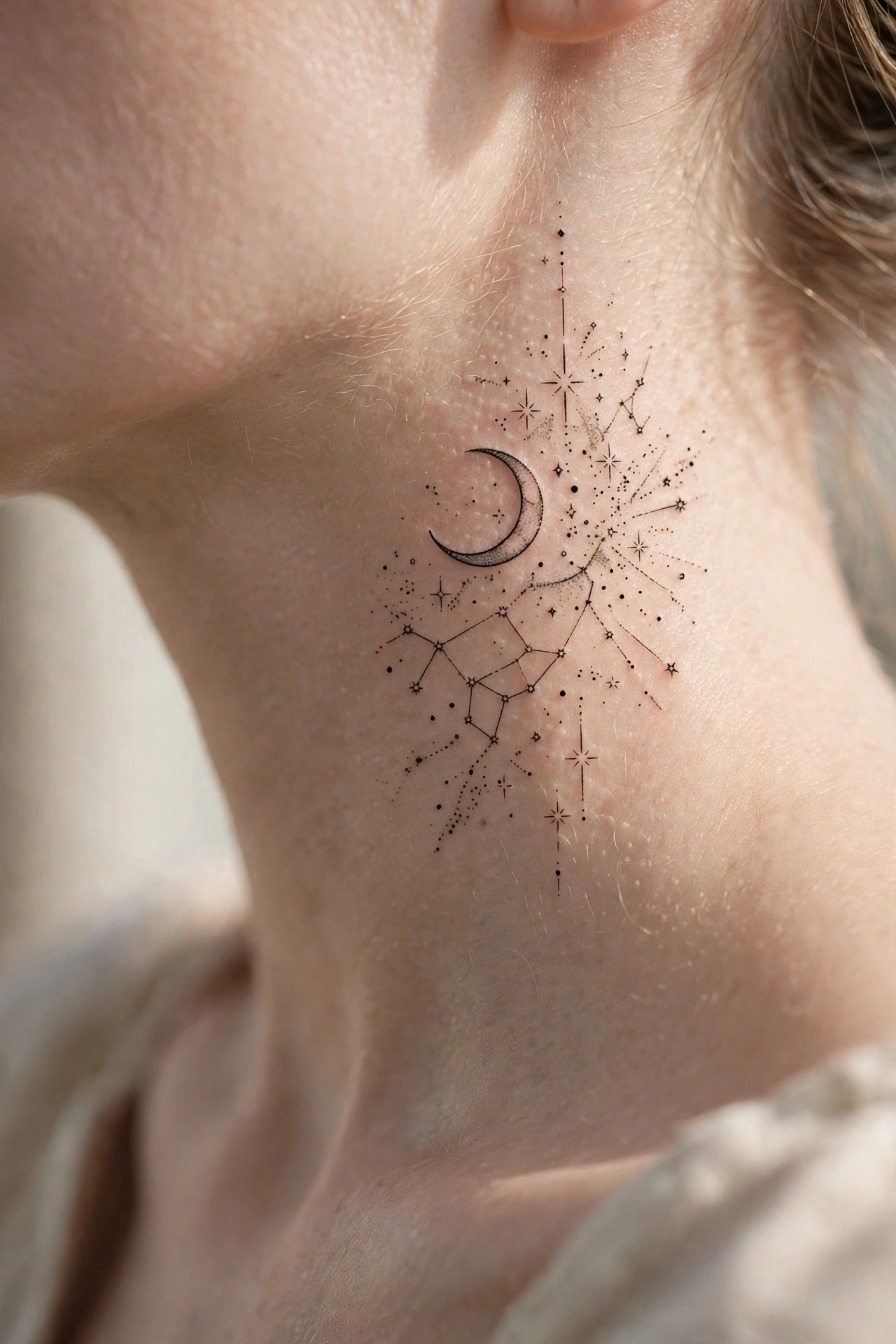 Realistic rose tattoo blooming on a woman's throat