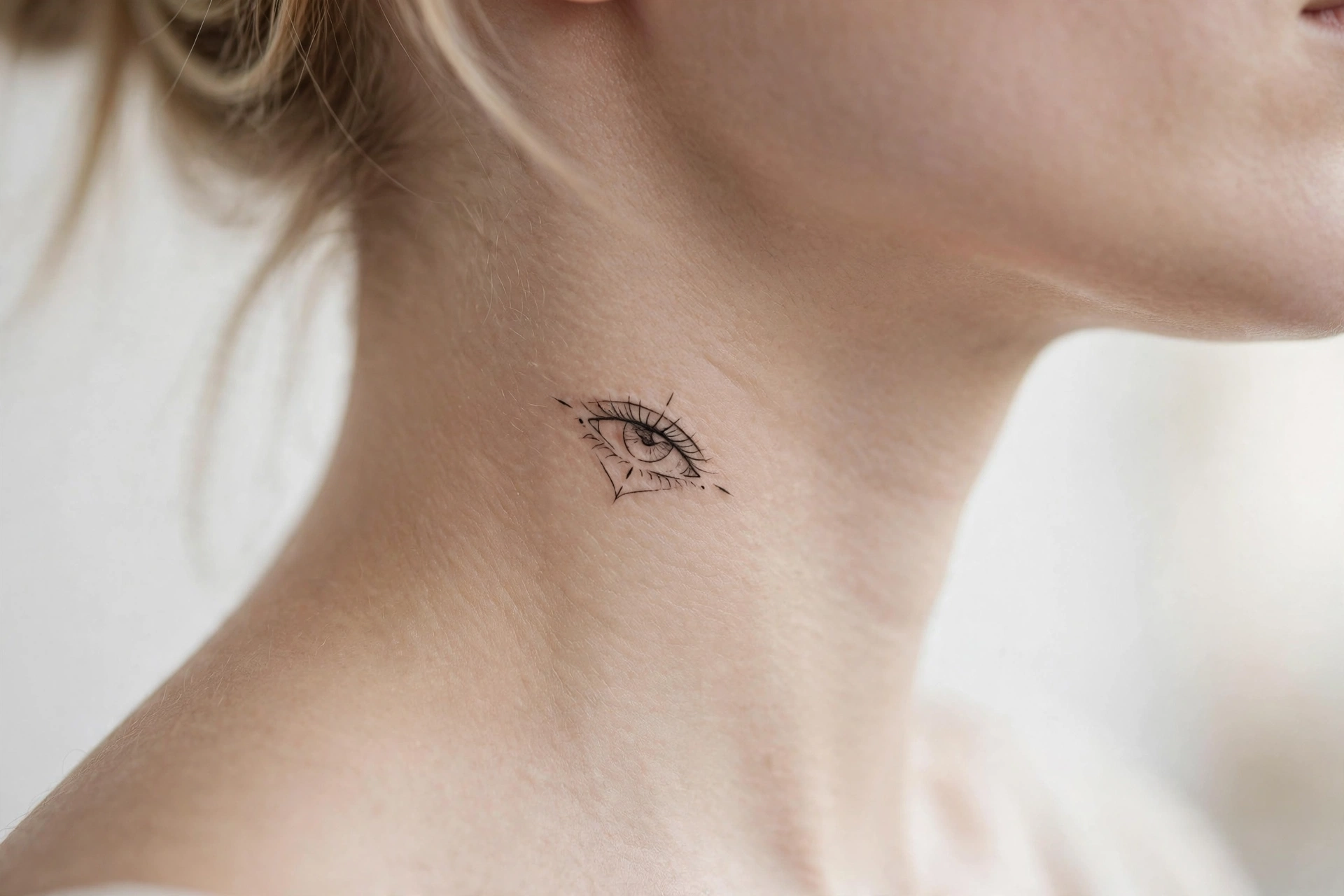 Delicate feather tattoo on the back of a woman's neck