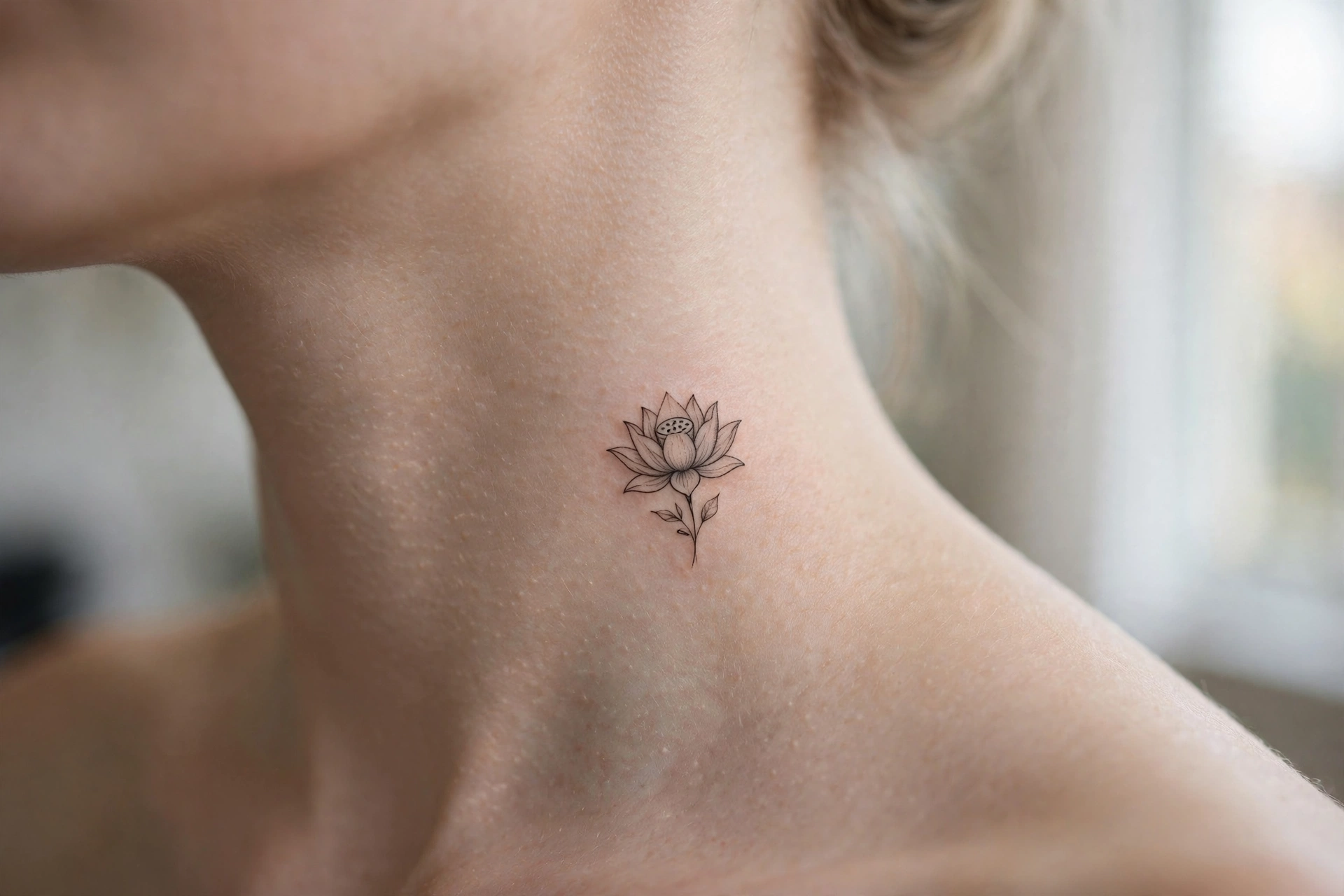 Detailed dragonfly tattoo on a woman's nape