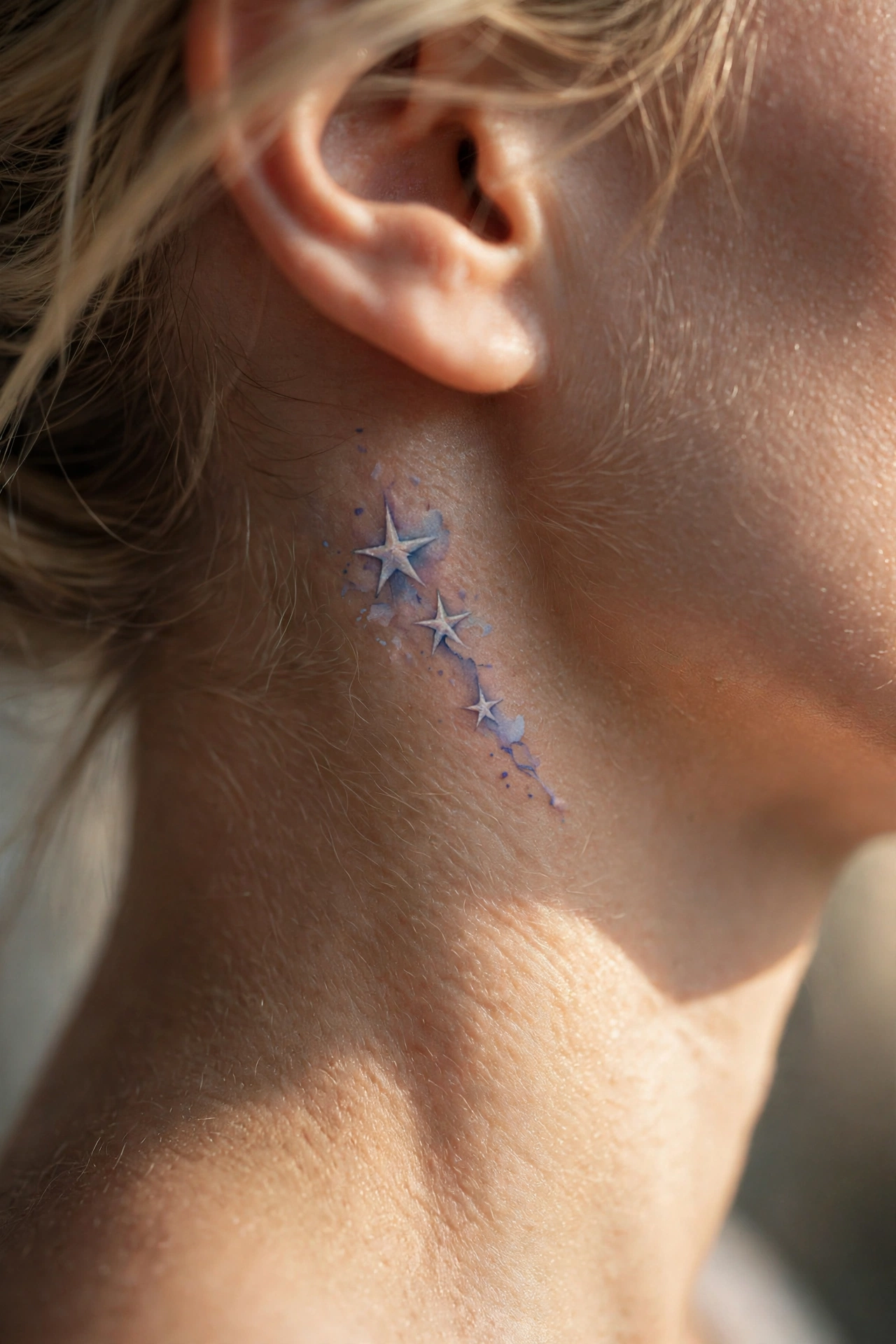 Minimalist ocean wave tattoo on a woman's side neck