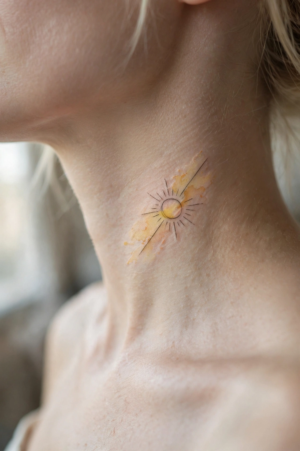 Evil eye protective tattoo on the back of a woman's neck