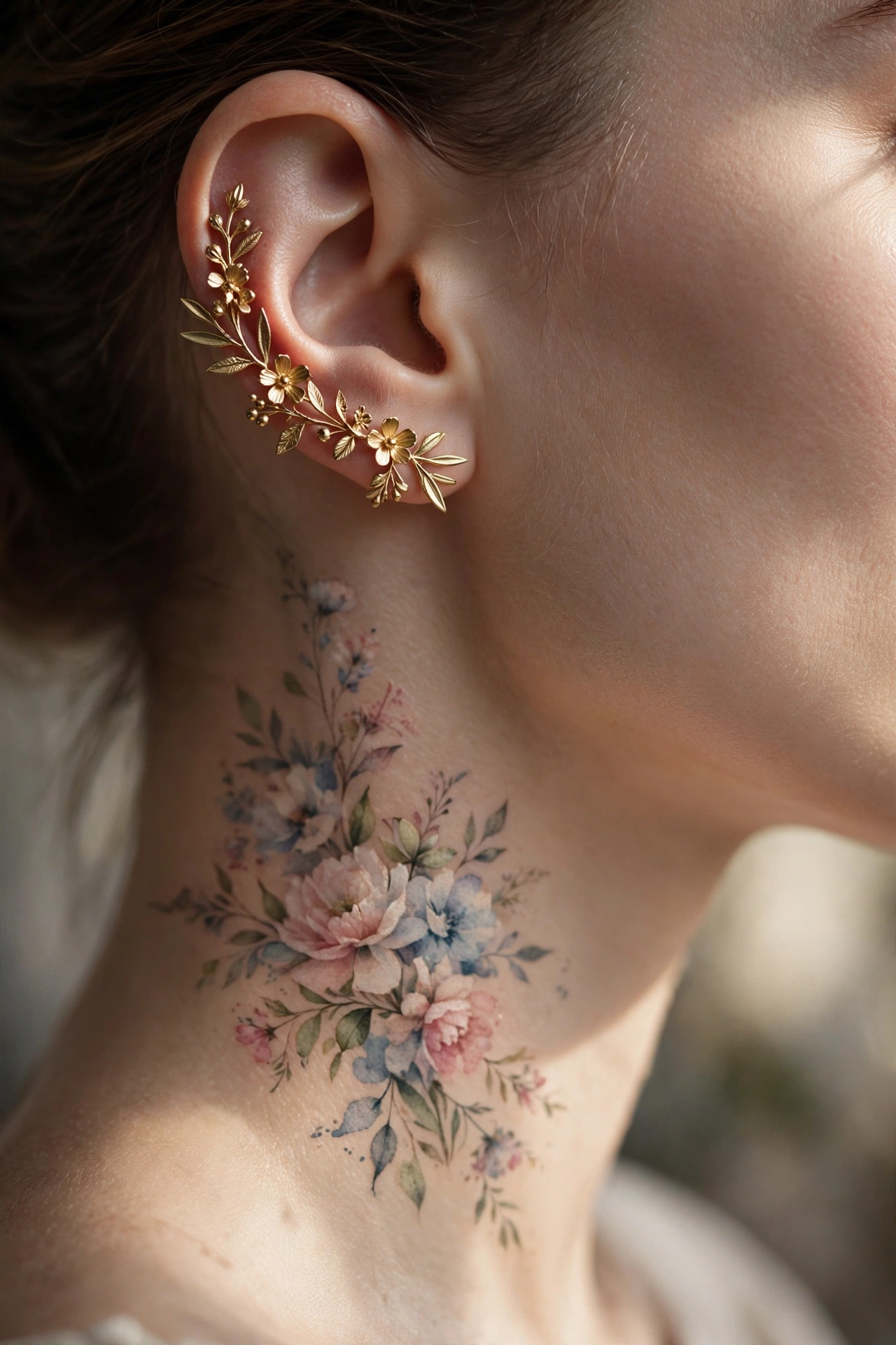 Delicate music notes tattoo trailing down a woman's side neck