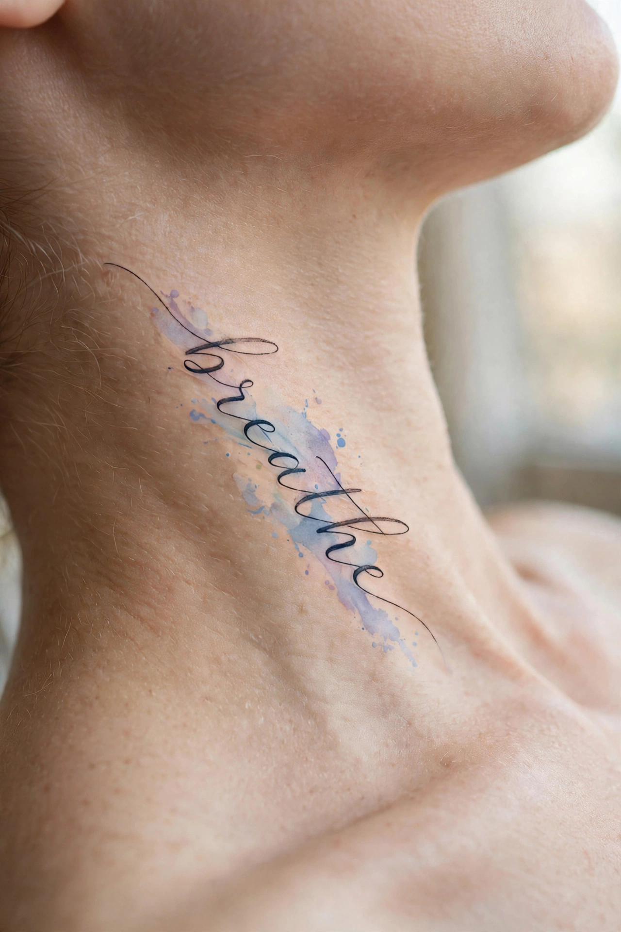 Geometric mandala tattoo centered on a woman's throat
