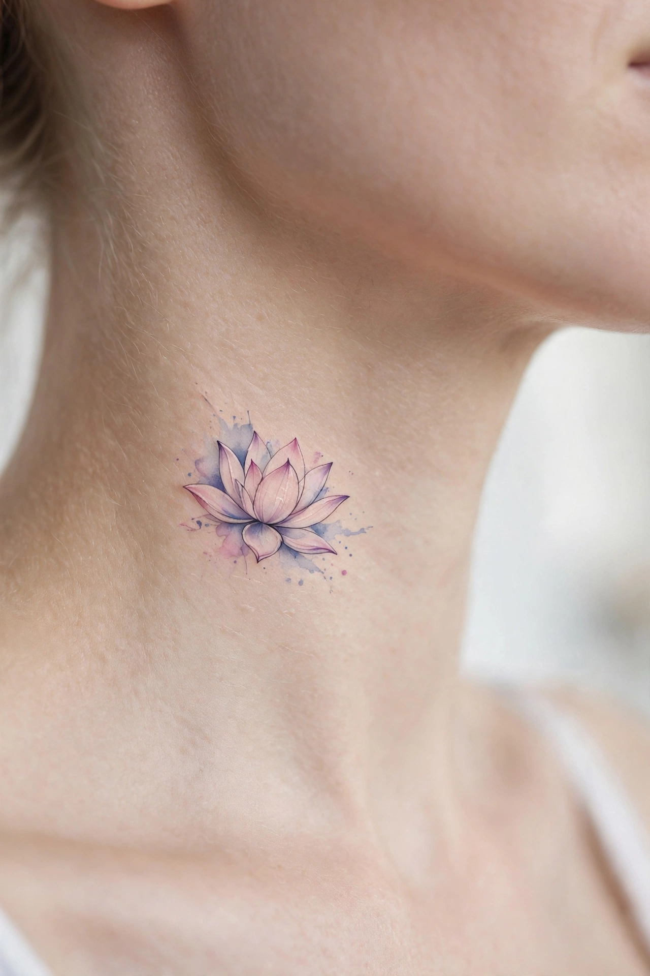 Hummingbird hovering over flowers tattoo on a woman's nape