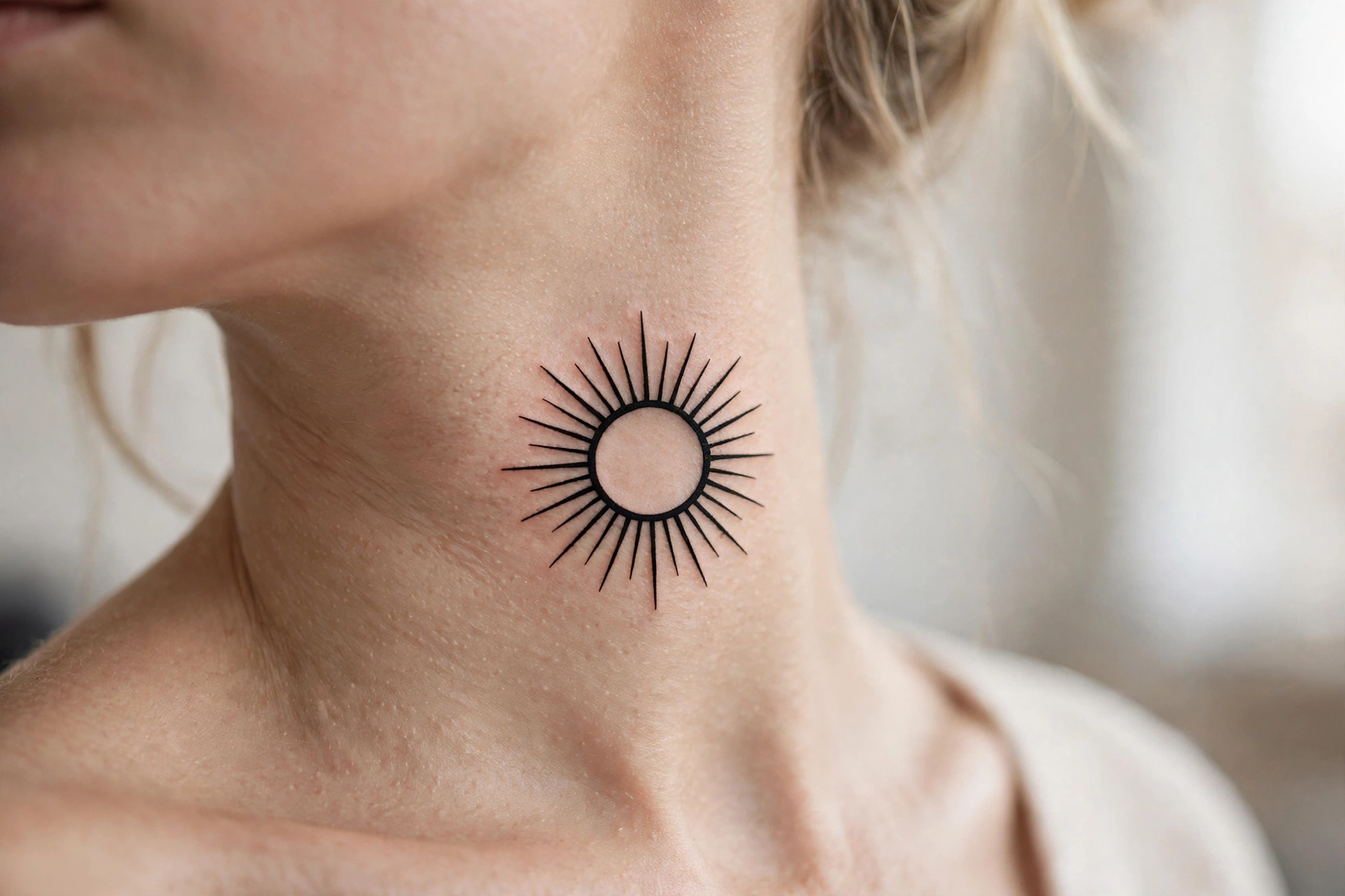 Single feather tattoo floating down a woman's side neck