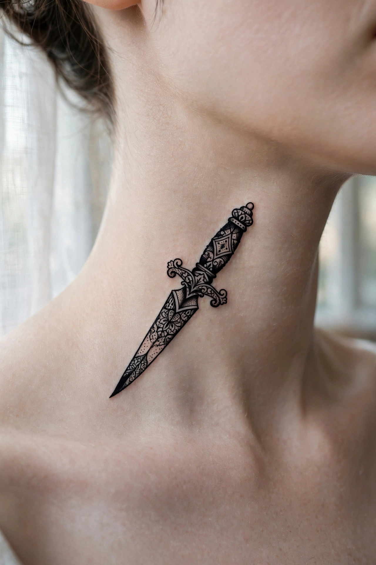 Ornamental all-seeing eye tattoo on a woman's throat