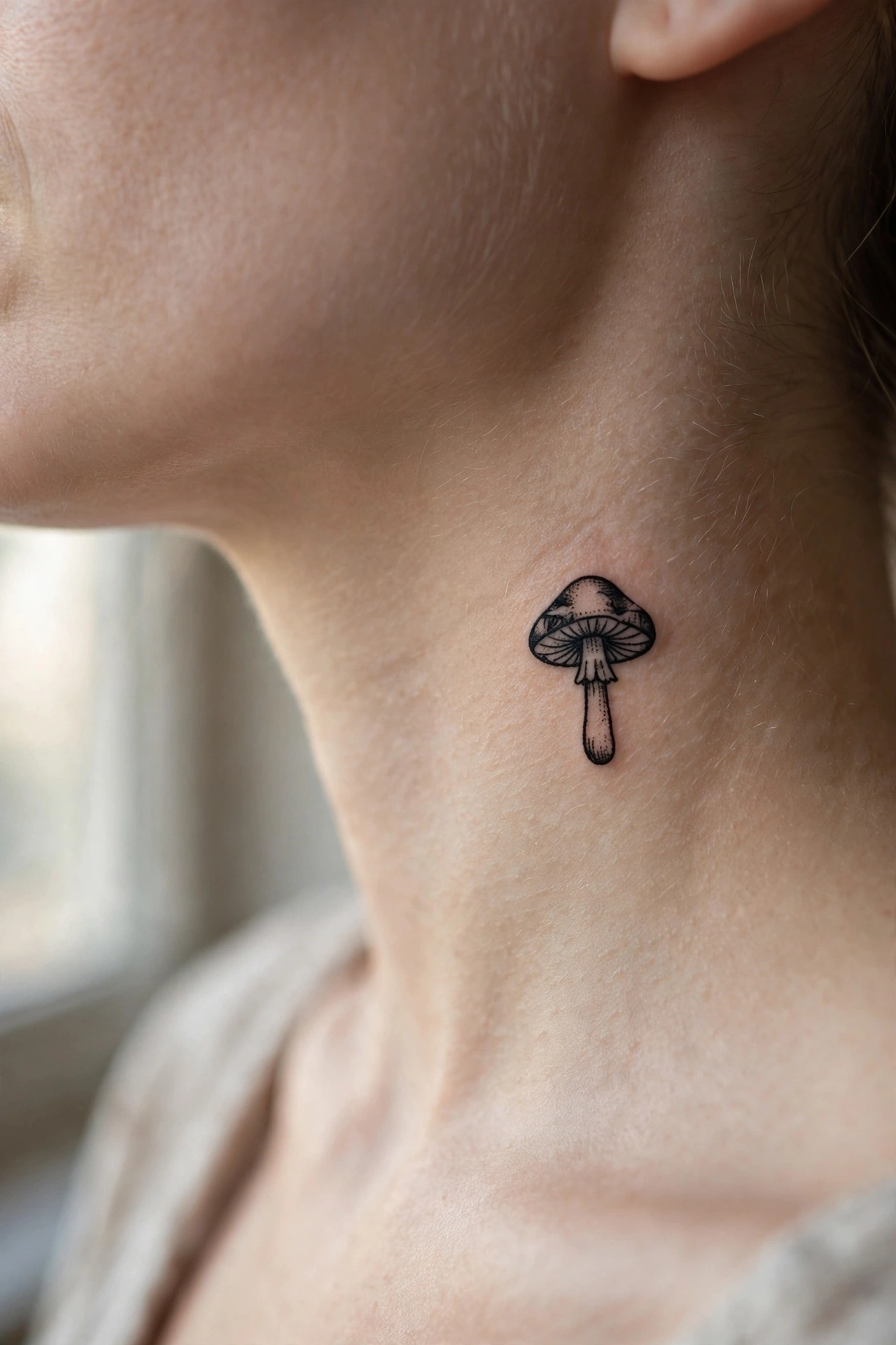 Small angel wings tattoo spread across a woman's nape