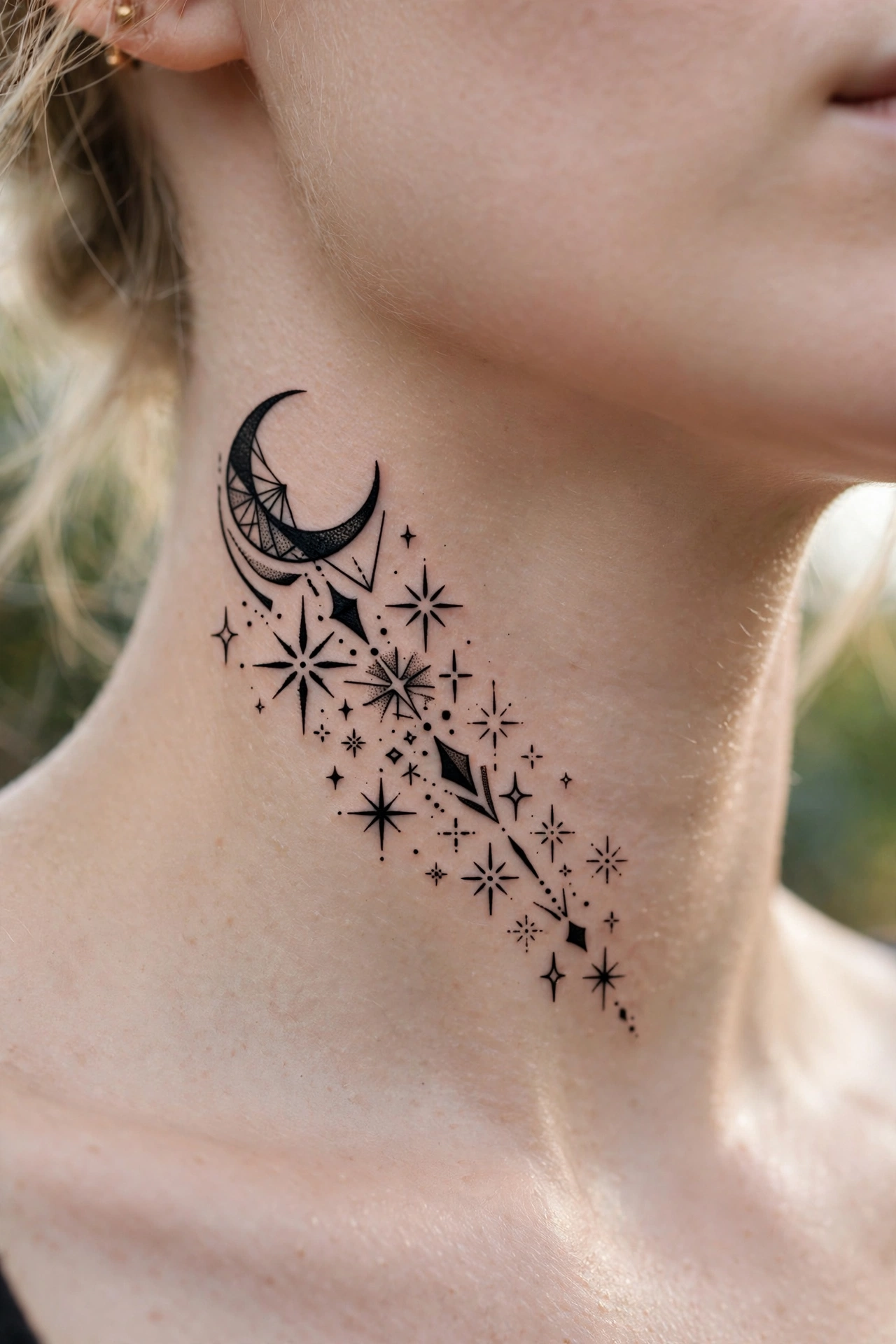 Tiny lightning bolt tattoo behind a woman's ear
