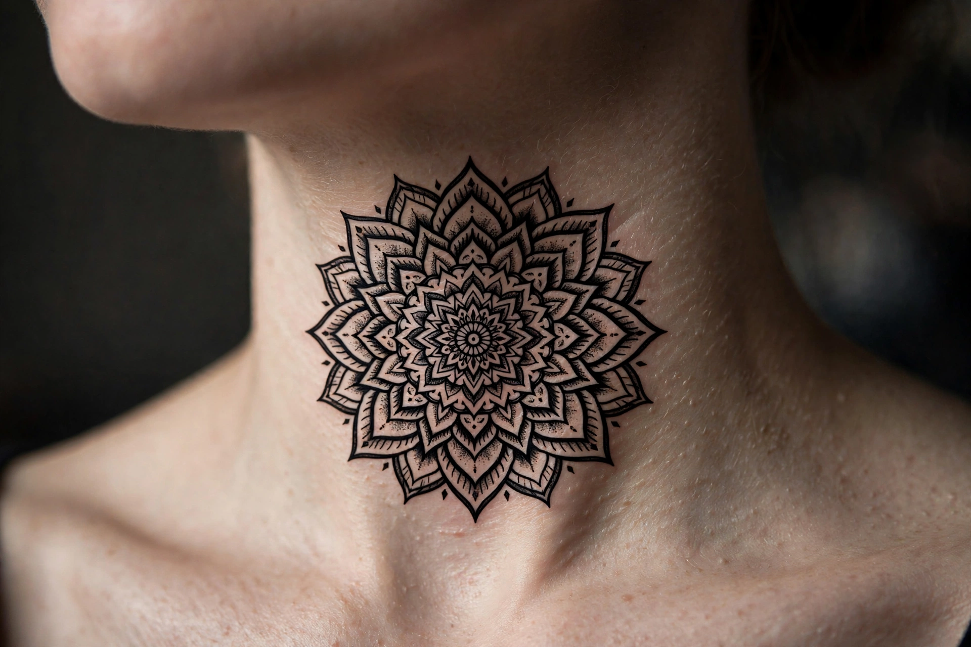 Slender ornamental sword tattoo along a woman's side neck