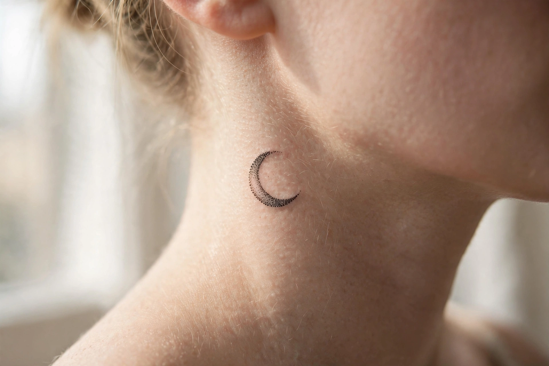 Medusa portrait tattoo on a woman's throat