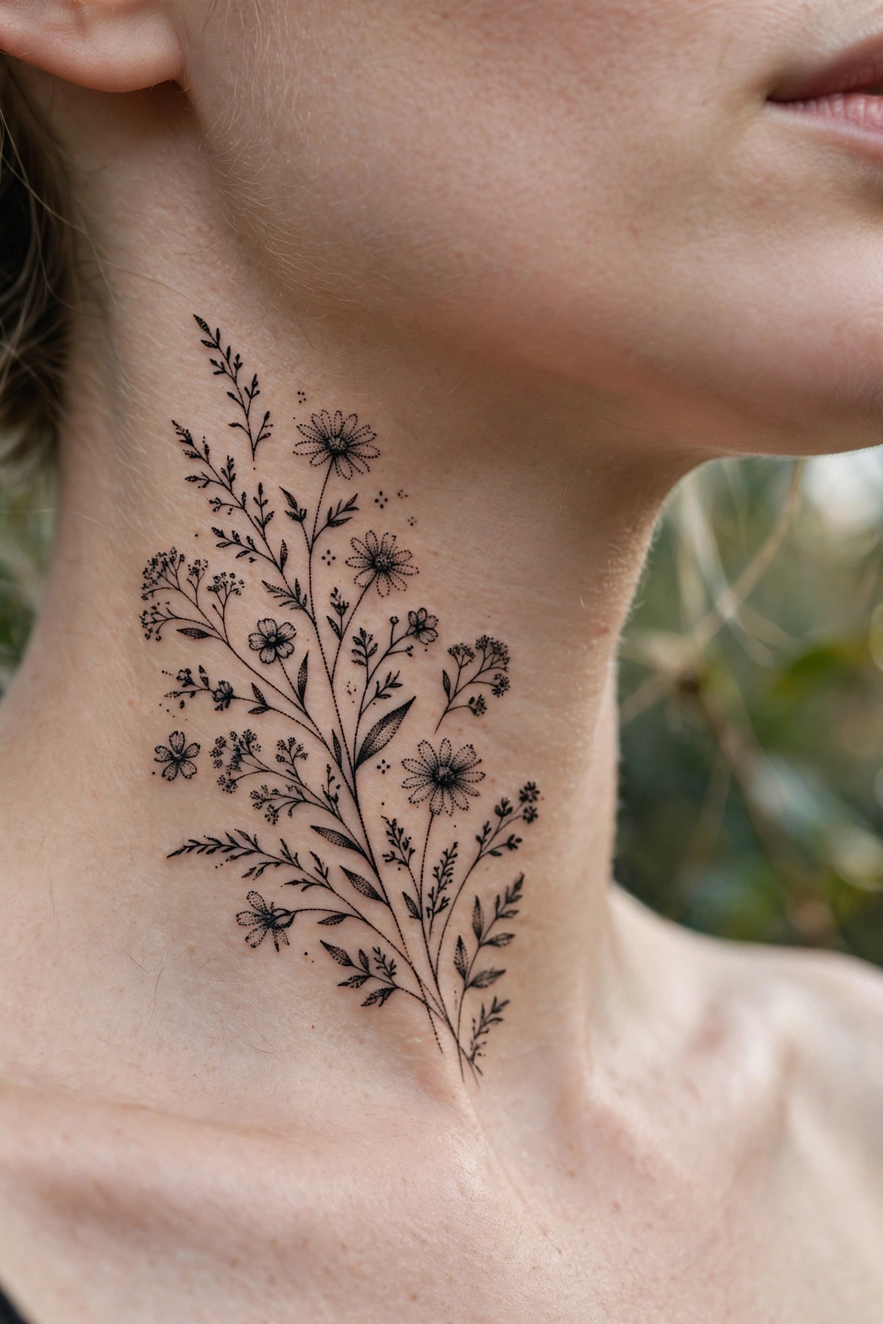 Semicolon tattoo behind a woman's ear